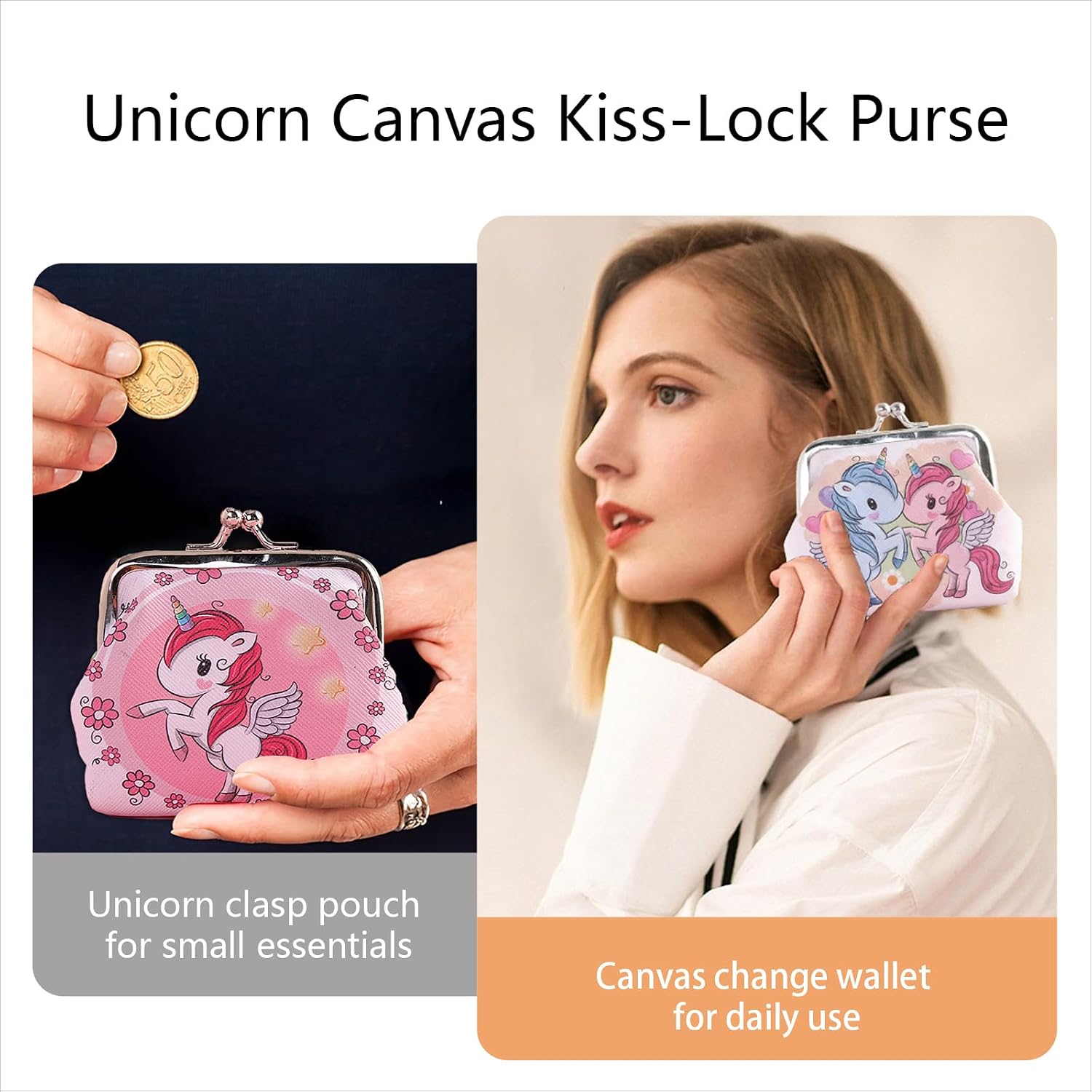Unicorn Kiss-Lock Coin Purse Kawaii Cute Mini Wallet for Girls Kids Canvas Change Pouch Small Card Holder for Party Gifts (Unicorn-05)