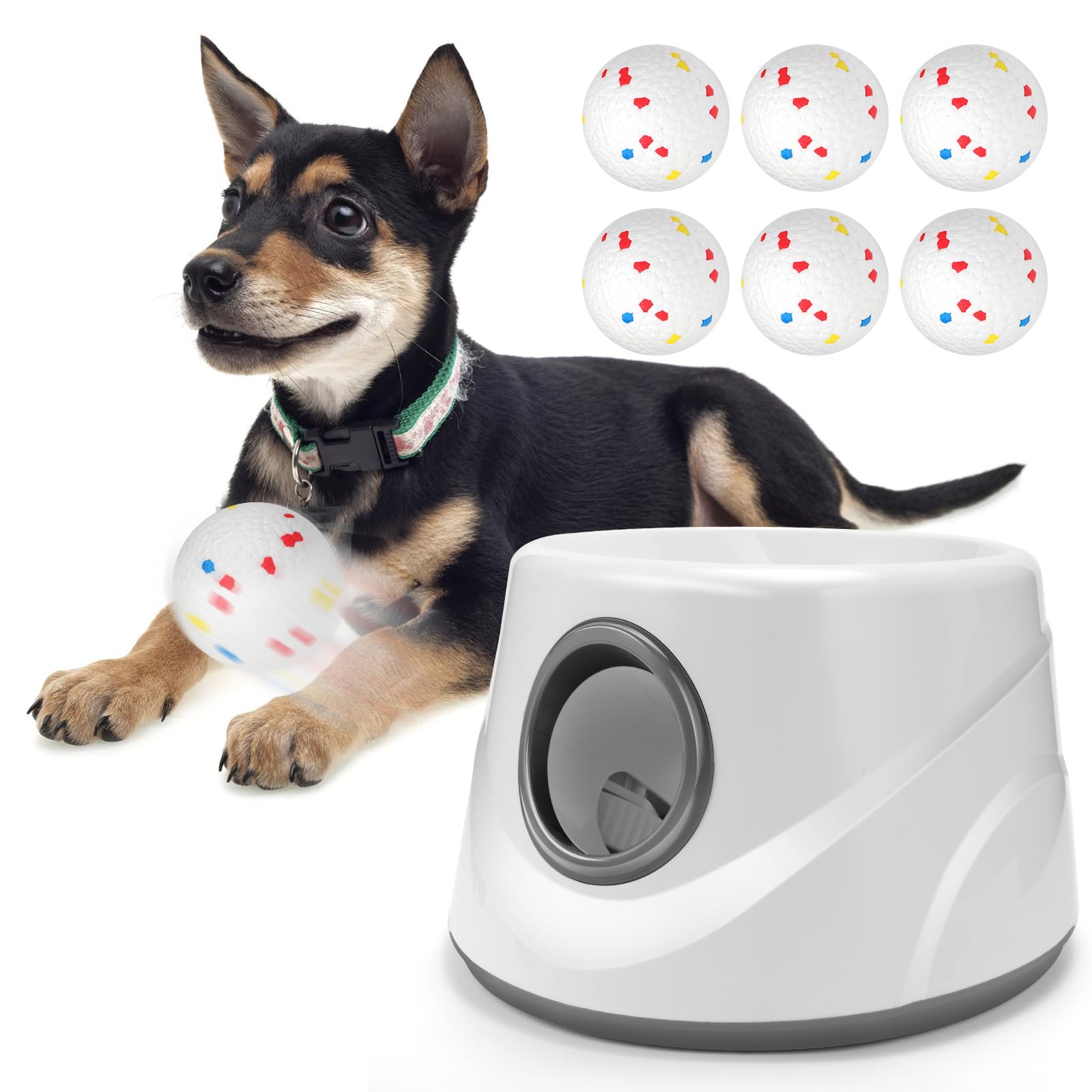 Lanceur de balles automatique pour chiens, lanceur de balles avec lot de 6 balles pour chien de 5,8 cm (gris)