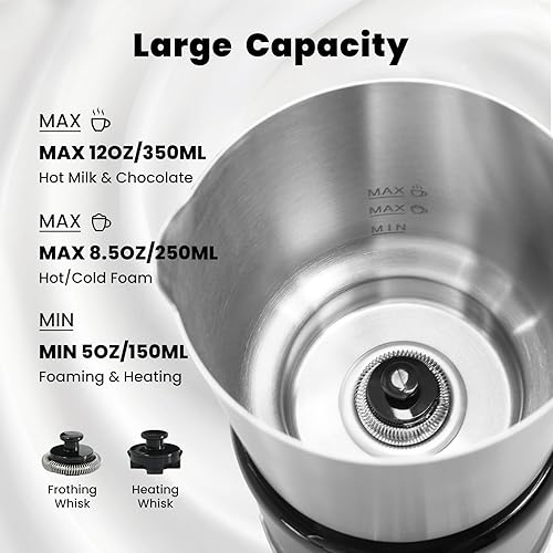 Miniatura 2 de Espumador de leche eléctrico desmontable calentador de leche de 12 onzas11.8 fl oz, gran capacidad, automático de espuma fría, espumador de acero