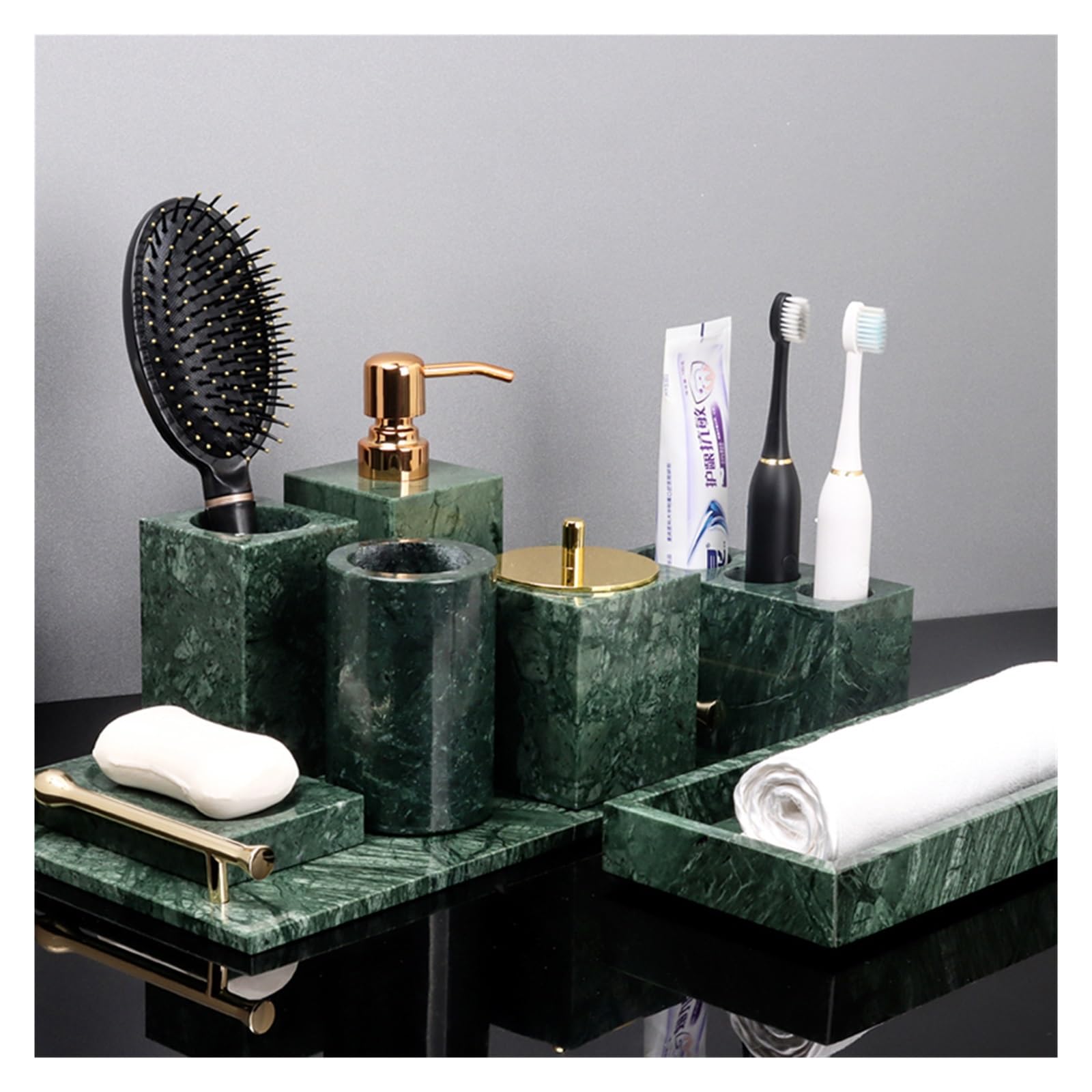 Set Bagno Accessori da bagno in marmo verde | Set di scatole for fazzoletti portaspazzolino con dispenser di sapone retrò(Cotton swab can B)