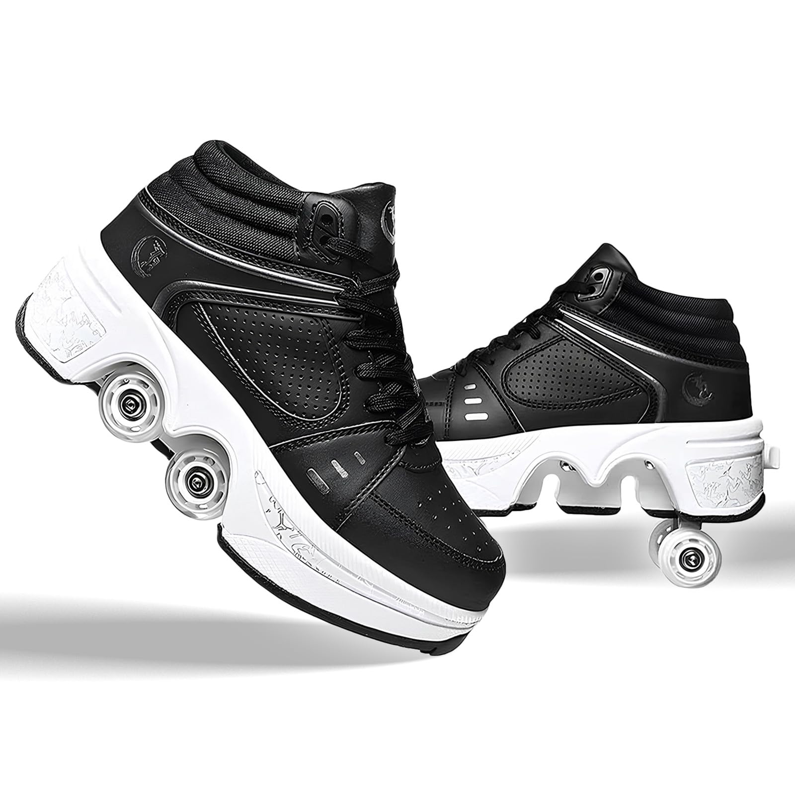 Outdoor roller skates, adjustable roller skates for women, quad skates deformation trainer for adults, sneakers with invisible wheel for beginners (black high top, UK-4.5)