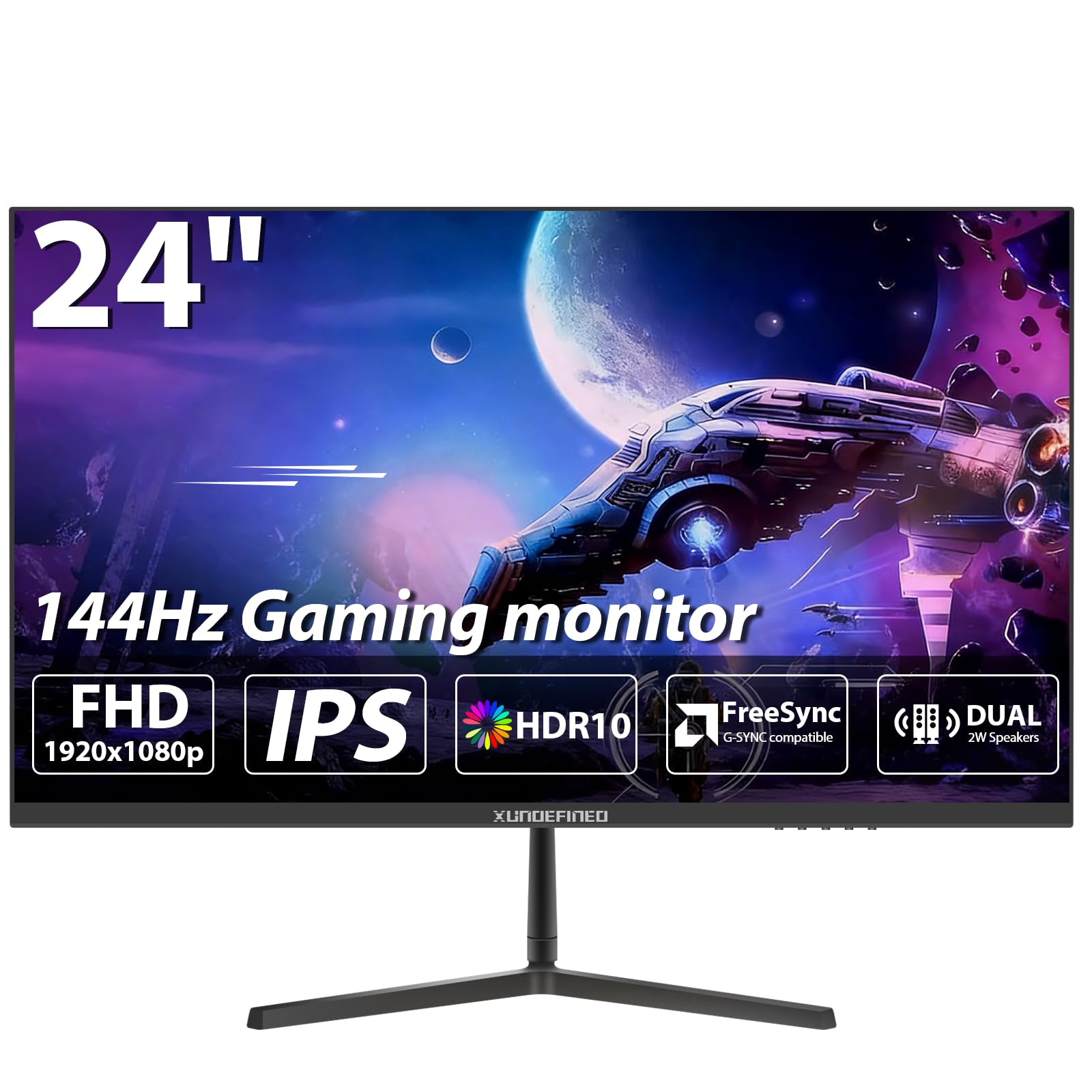 24 Inch Computer Monitor with Speaker, 144Hz FHD (1920 x 1080) Fast IPS Gaming Monitor, FreeSync, 99% sRGB, 3-Sided Frameless, HDR, Blue light Filter, Tilt, HDMI VGA Port for Gaming, Home, Office
