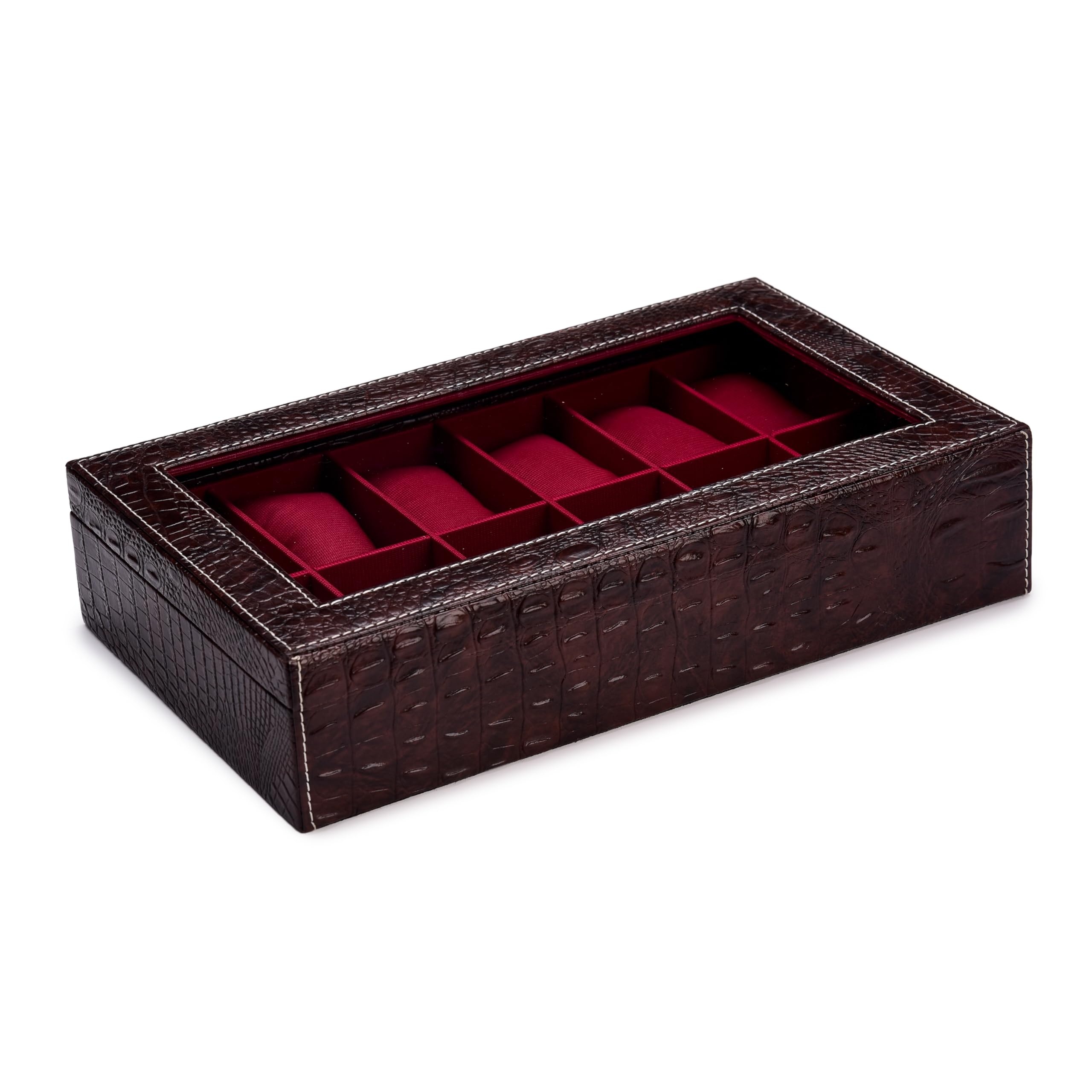 ZENWOOD Caja organizadora de relojes de piel sintética con 12 ranuras para hombre y mujer (marrón::granate)