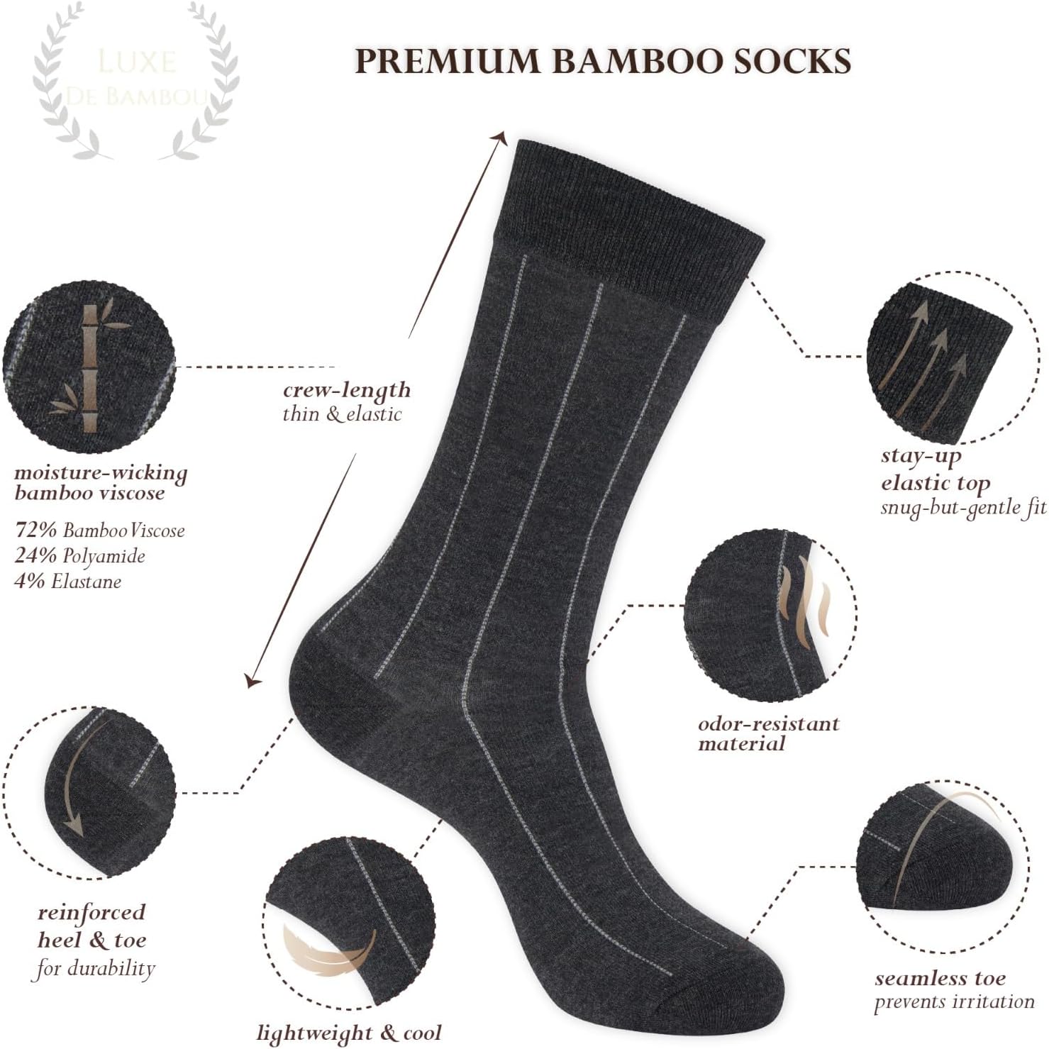 Luxe De Bamboo Rayon socks Mens Dress Socks for Men 9-12,Charcoal and Black socks for men 5-Pack in a Gift Box - Image 4