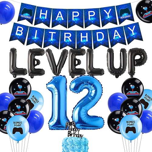 Kreatwow Decoraciones de fiesta de cumpleaños número 12, videojuegos, color azul, suministros de decoración de fiesta de cumpleaños de 12 años con