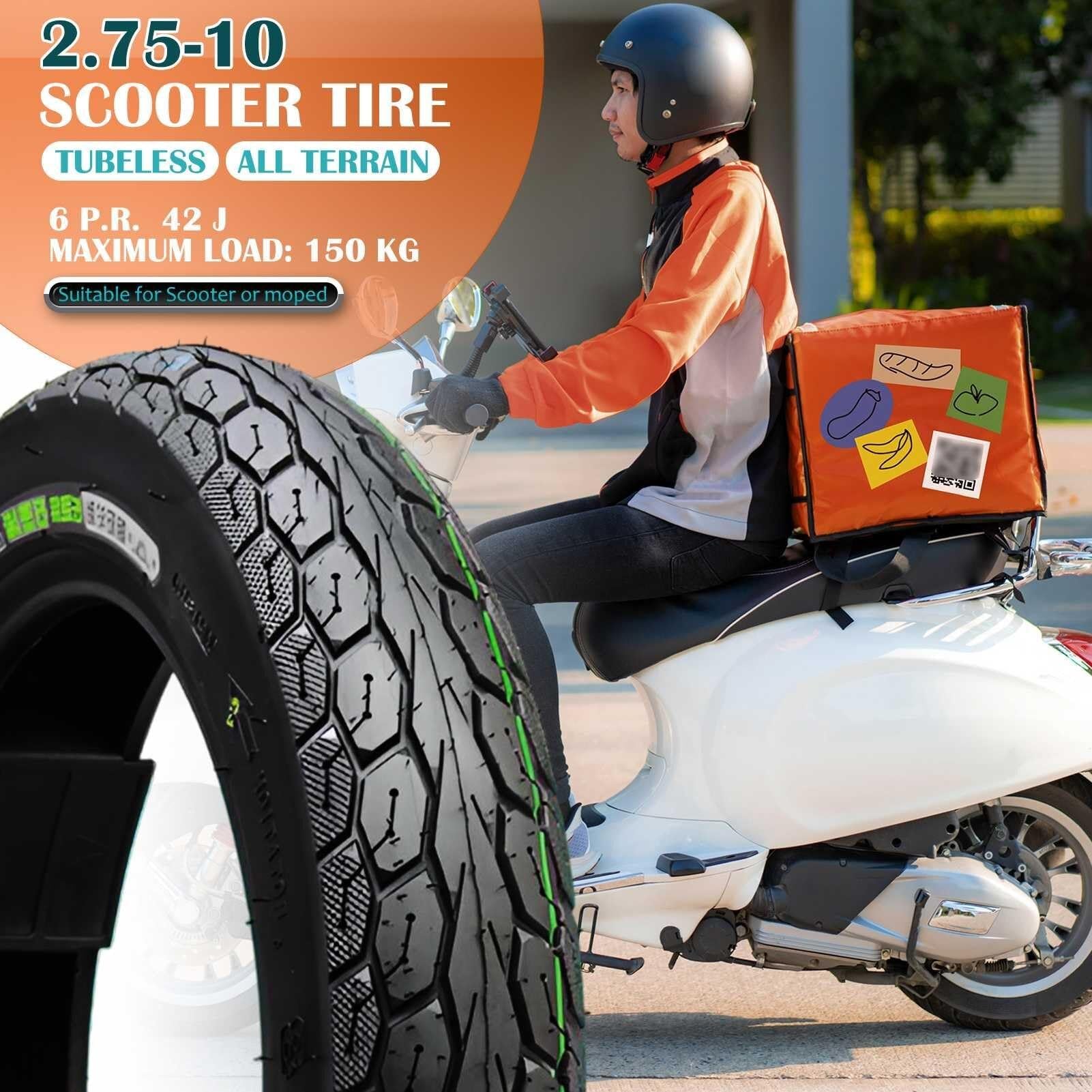 2PCS 2.75-10 Opona bez Wewnętrznej Rury dla Motocykla i Skutera, Odporna na Przebicia i Zużycie, 6PR, Klasa Prędkości 42J, Obciążenie do 150 kg, dla Przedniego i Tylnego Koła