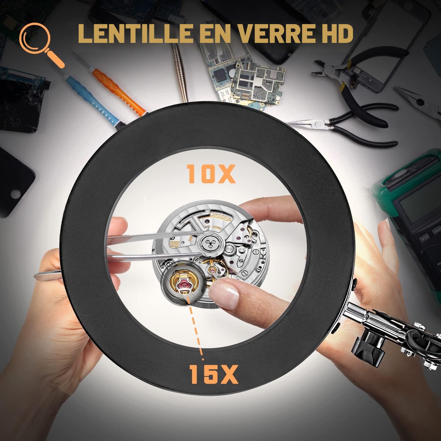 Jubor Lampe de Bureau Loupe 15X 10X avec Lumière 3 Modes Couleurs Réglables Lecture Réparation