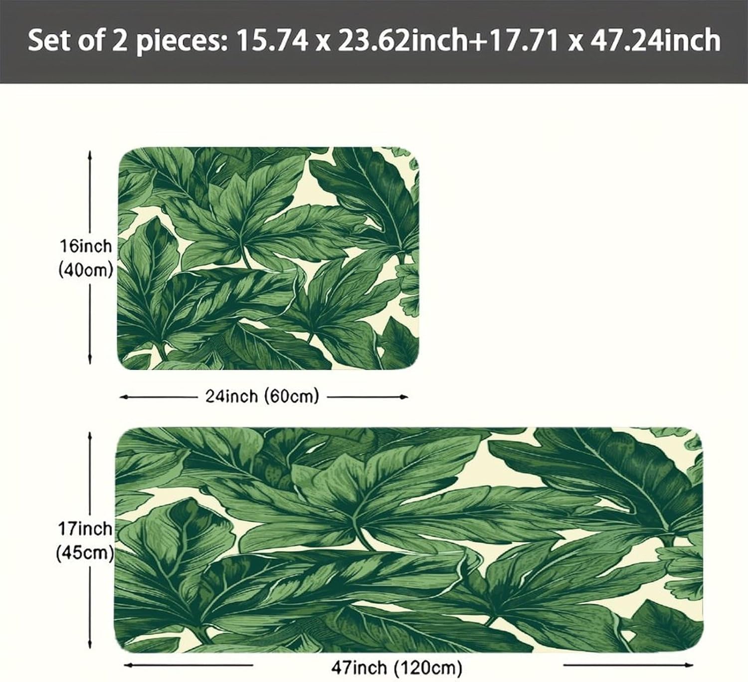 Green Foliage Botanical Kitchen Mats with 2PCS Non-Slip Washable,Kitchen Rug Heavy Duty Durable, Floor Mats for Kitchen,Office,Sink,Laundry