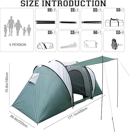 Miniatura 2 de Tienda de campaña grande para 5  8 personas, diseño de 2 dormitorios, estilo cúpula impermeable con ventanas de malla, tienda de campaña grande de