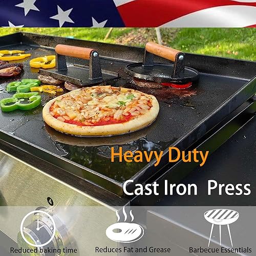 Miniatura 5 de CVLOPWE Prensa de hierro fundido de doble círculo para uso en prensa de carne y hamburguesas de alta resistencia con mango de madera para parrillas