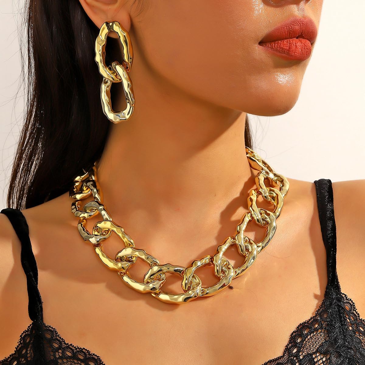 YOOESTORES82 Acrylic Gold Chunky Chain Necklace Earrings Set for Women,Punk Short Thick Wide Cuban Link Choker Necklaces Trendy Drop Dangle Earring Jewelry Set - Image 4