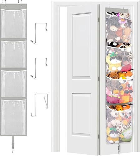 Woodoulogy Almacenamiento de animales de peluche sobre la puerta, organizador de juguetes colgantes, muñeco de peluche y oso para bebé, idea para