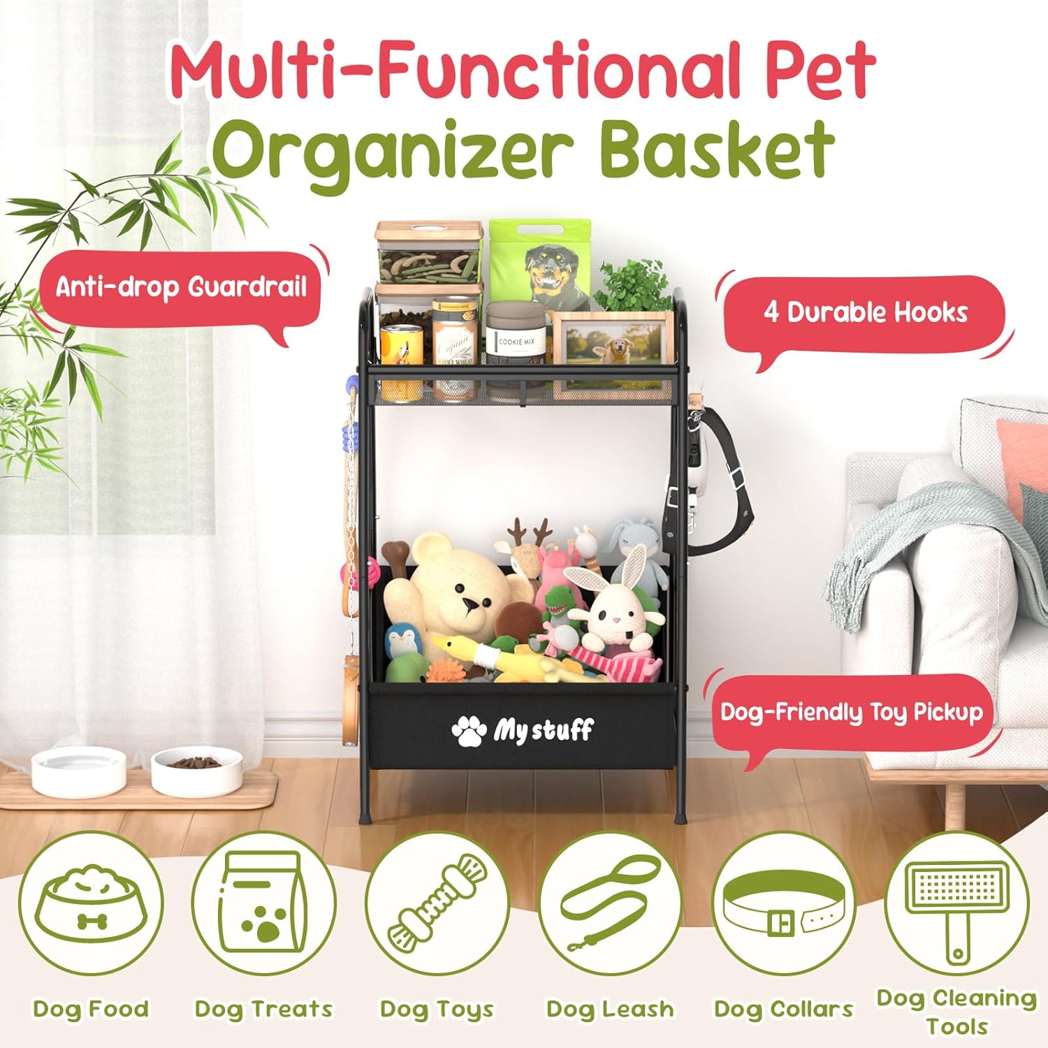 Medium Dog Toy basket, Toy Box for Dogs, Pet Toys Bin Dog Metal Wire Basket for Toys, Food Storage, Storage Organizer Chest Storage, Toy Box for Living Room Area (Black)