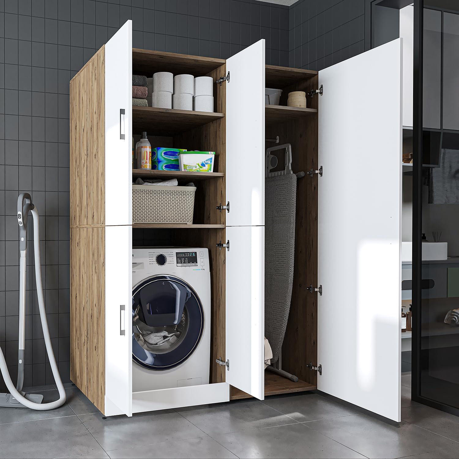 ROOMART Armoire de machine à laver Dora-II - Tour de lavage de 130 cm de large pour machine à laver et sèche-linge (chêne blanc, sans armoire de rangement : 187 x 130 x 73,8 cm)