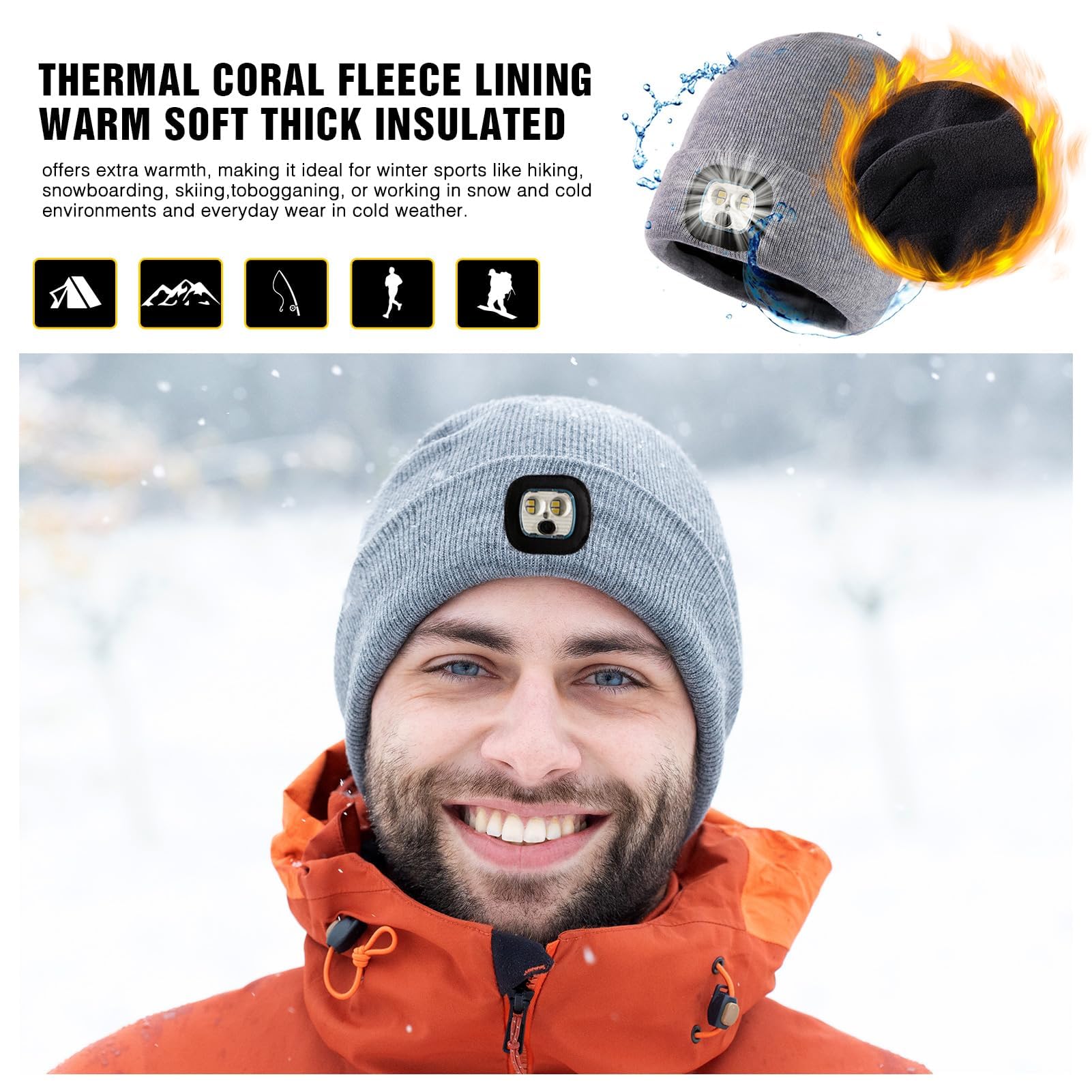 TOP-EX Gorros de lana merino de gran tamaño, XL, XXL, LED, unisex, con antorcha de luz, regalos para papá, impermeables, recargables, para correr, pasear al perro