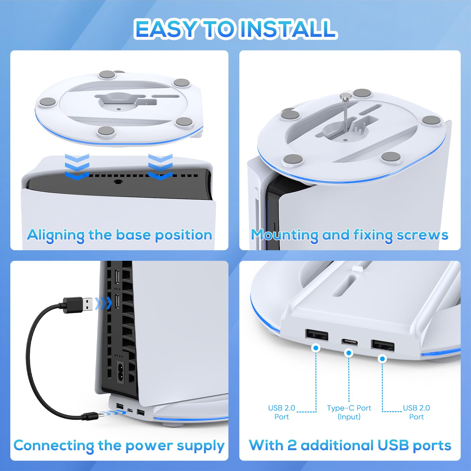 Auarte RGB Standfuß für PS5 Slim, Vertikaler PS5 Slim Ständer für Playstation 5 Slim Disc & Digital Edition Konsole, 2 USB Hub, 14 Lichteffekte