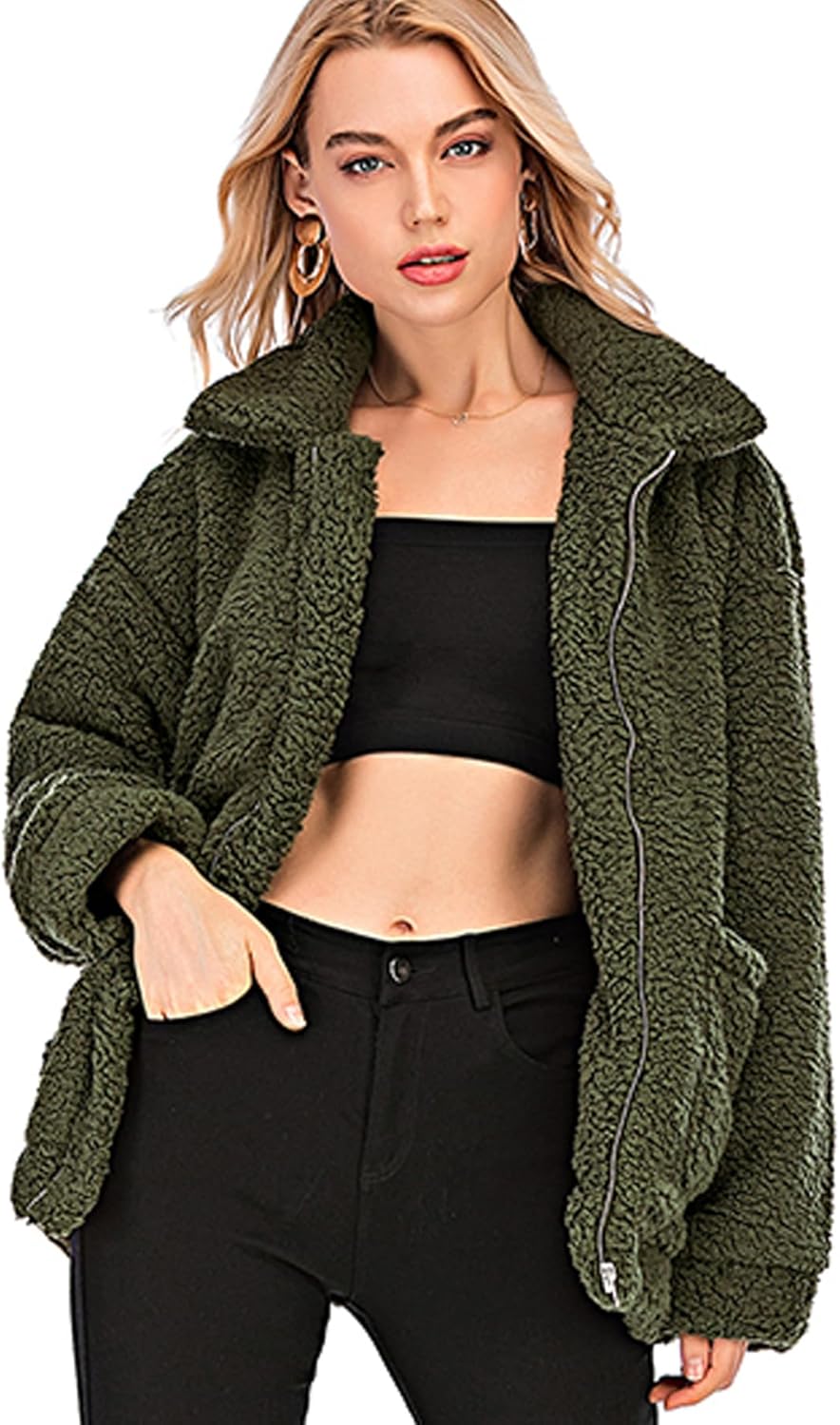 Comeon Winter Coats for Women Shaggy Fur Jacket Fuzzy Faux Shearling Zip Up Oversized Warm Shacket Outwear - Image 3