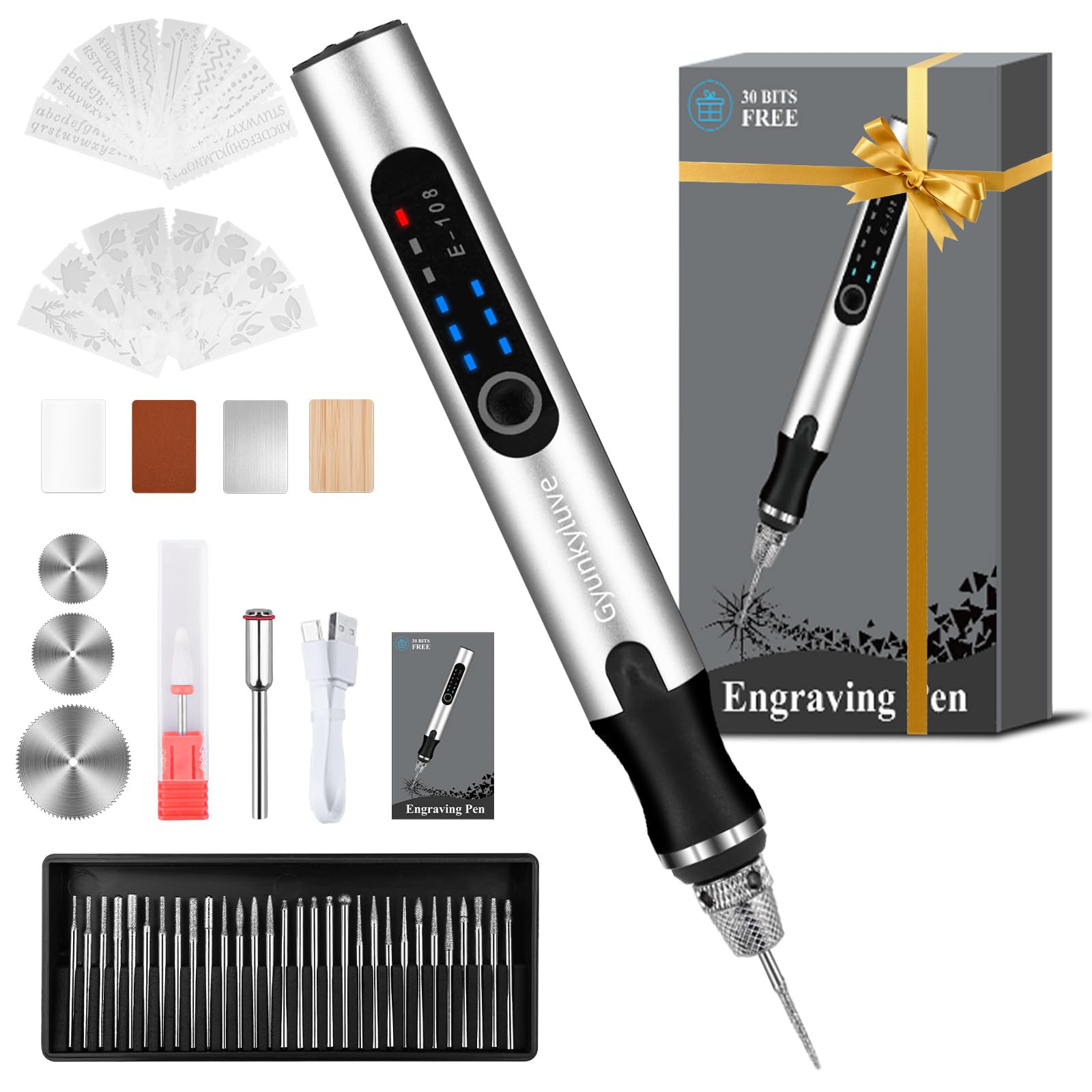 Gyunkyluve Electric Engraving Pen, Wireless Engraver Pen Kit with 60+Accessories & 3-Speed Adjust, Cordless Engraving Tools for 50+ Surfaces, Gifts for Artists & DIYers, Beginner Friendly-Silver
