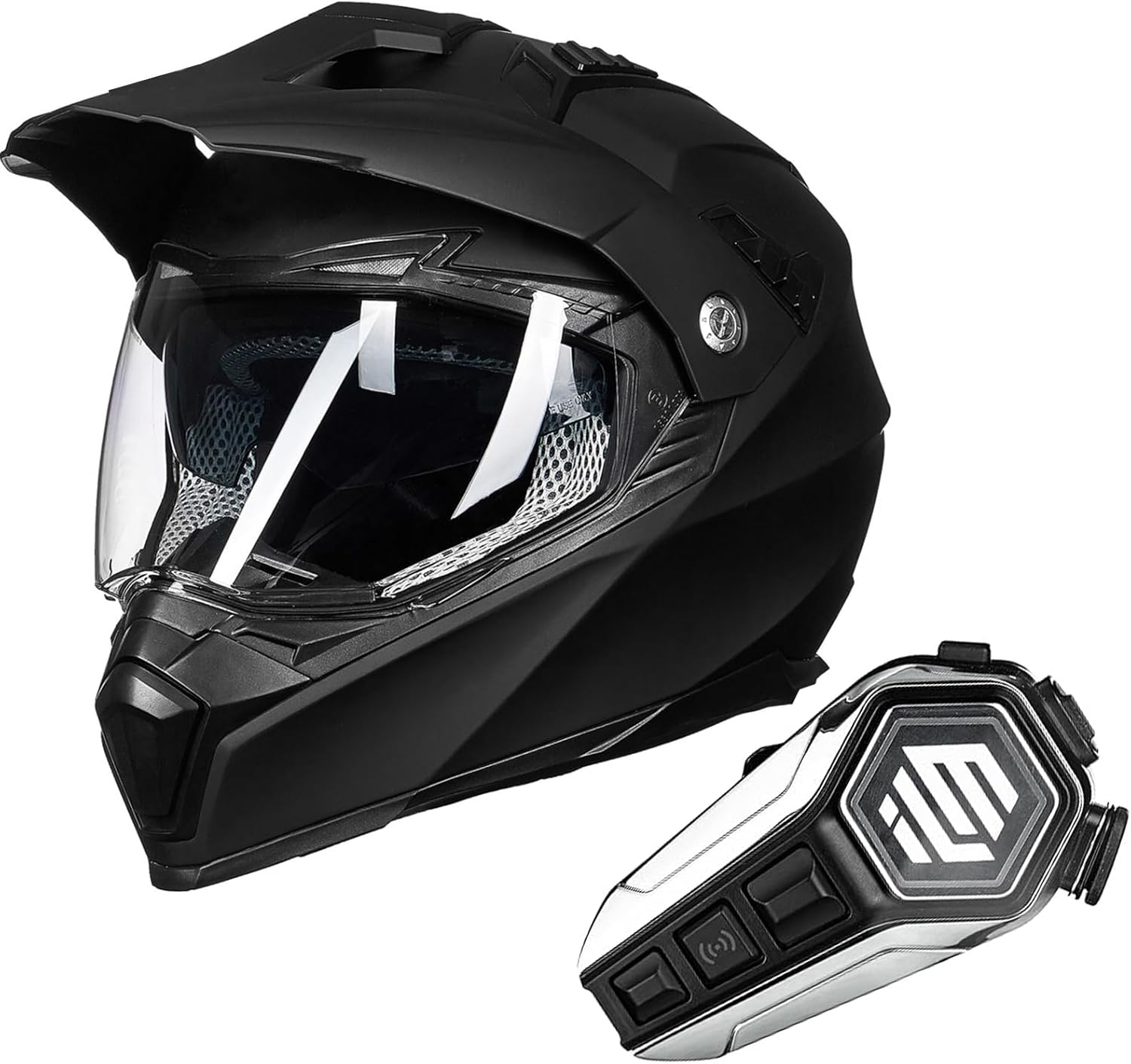 ilm off road motorcycle dual sport helmets full face dirt bike atv helmet (matte black, xl)  and bluetooth headset with hi-fi system