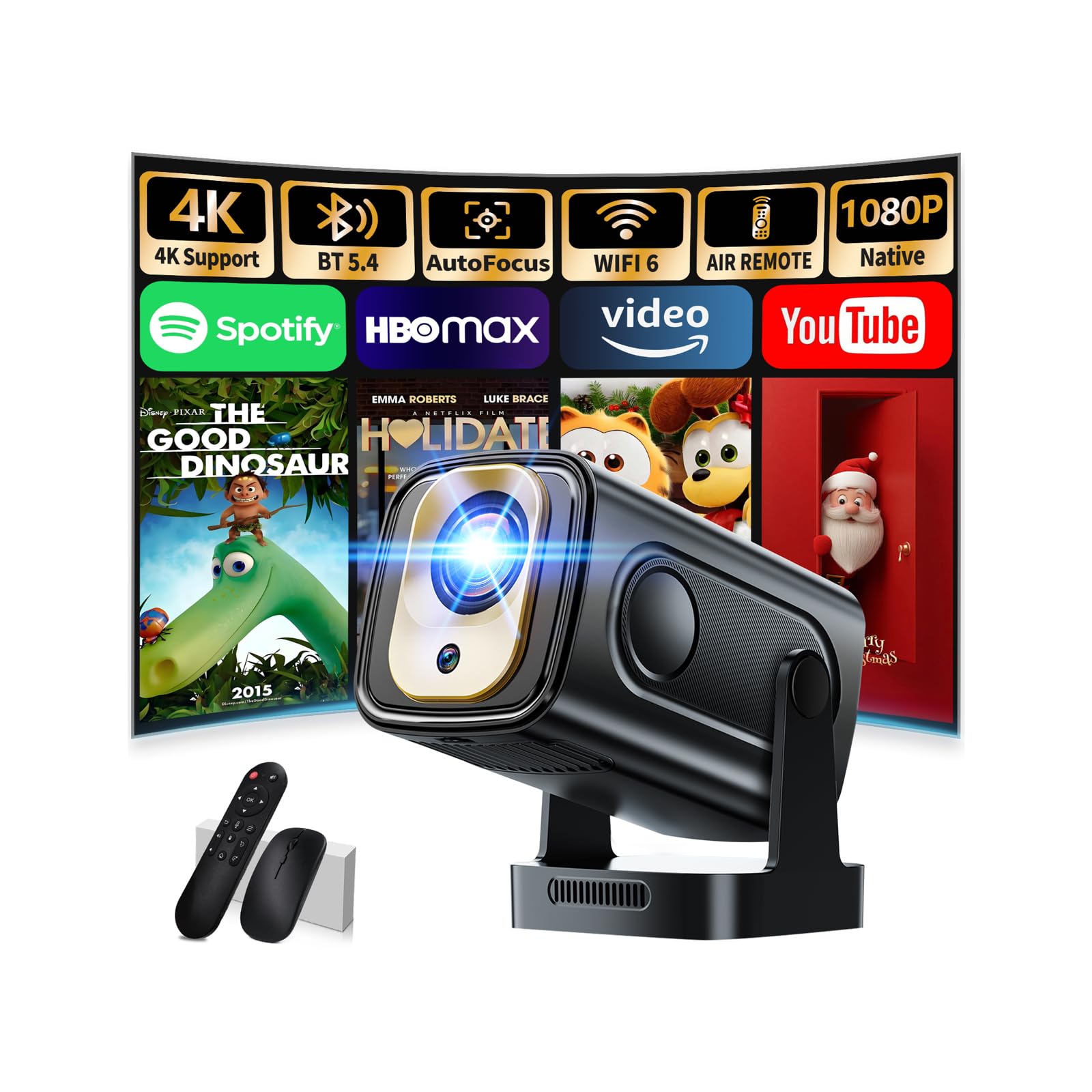 Projector [Auto Focus & Native 1080P & Built-in Apps] Mini Portable Projector 1080P, 4K Full HD with WiFi 6 & Bluetooth 5.4, Auto Focus & Keystone,