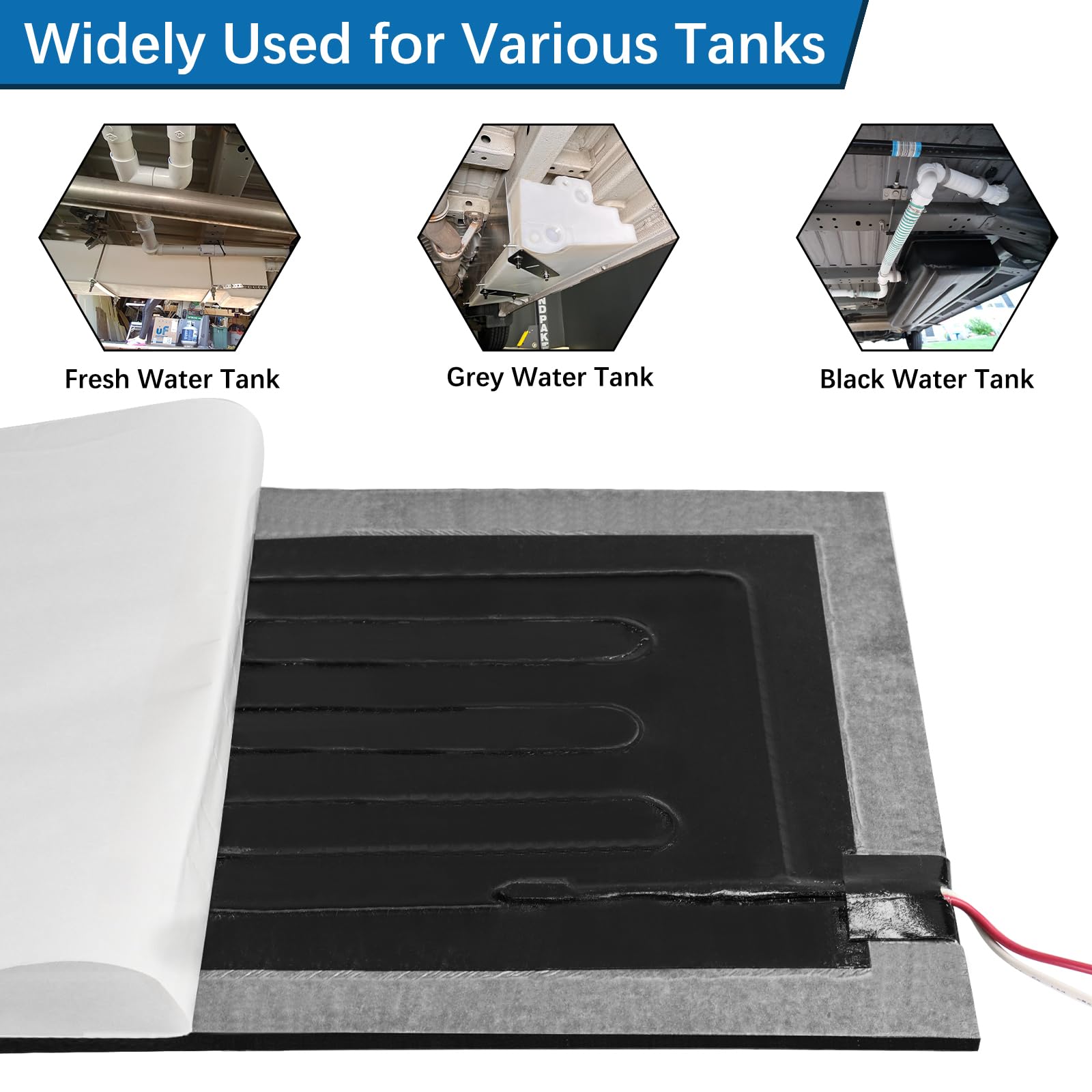 Tapis chauffant pour réservoir de véhicule récréatif, 30,5 x 45,7 cm, 12/13,5 V avec thermostat automatique pour camping-car, remorque, camping-car, marine, utilisation avec jusqu'à 157 litres gris