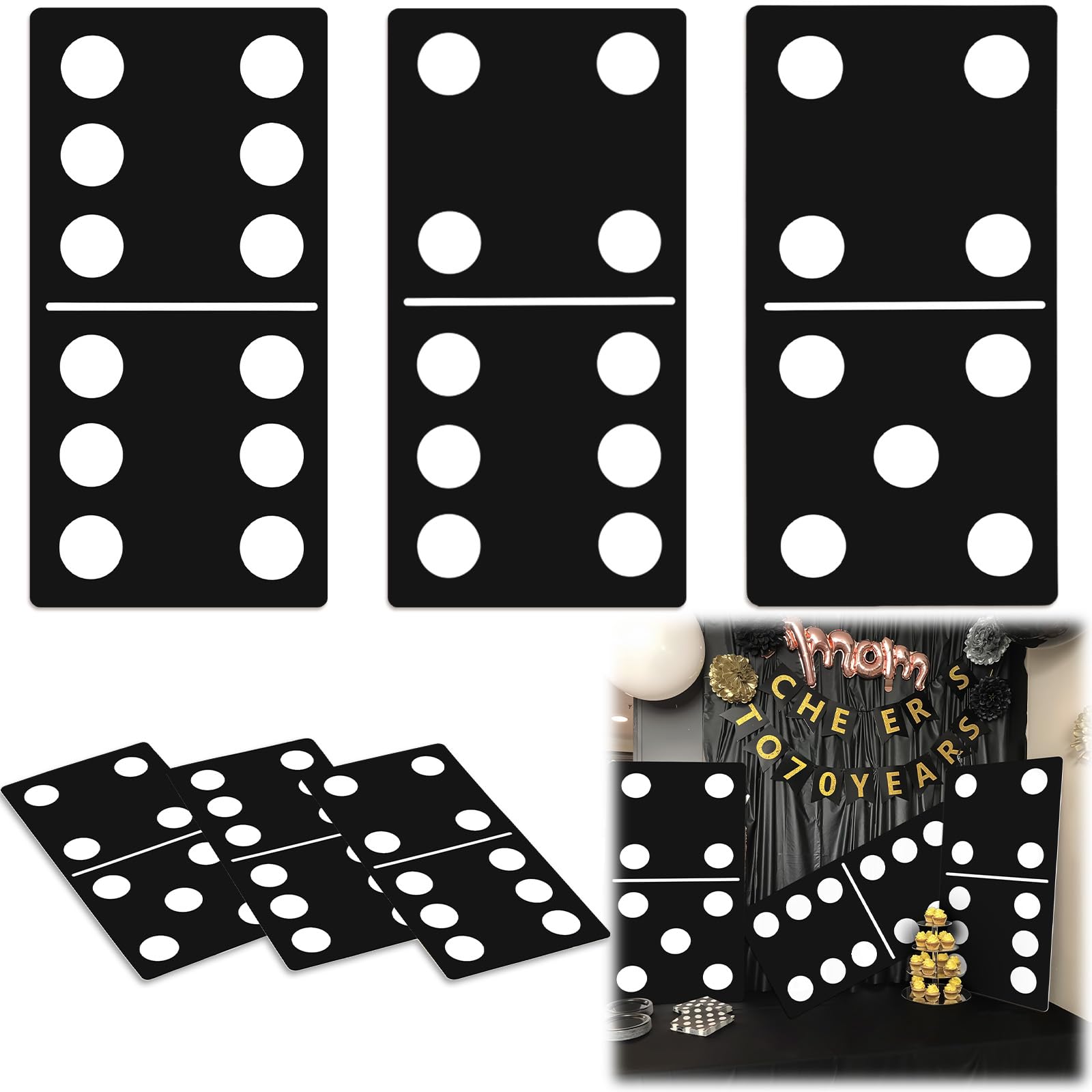 Spiareal 3 Pcs Large Domino Paper Board Puerto Rico Domino Party Decoration 8' x 15' Havana Nights Casino Party Theme Game Prom Night Birthday Wedding(Onyx Black,High Dominoes)