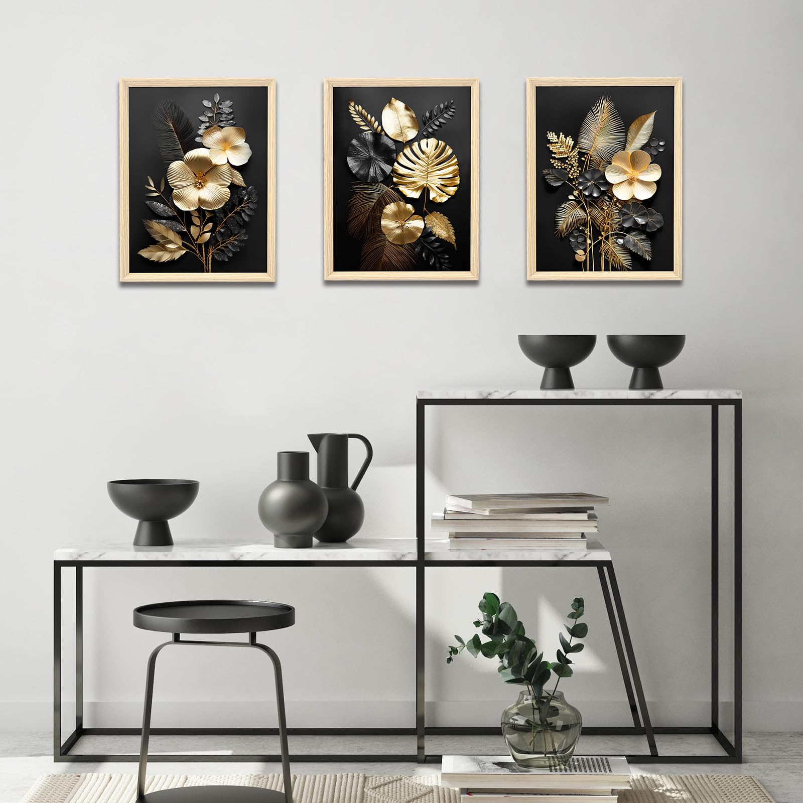 3Pcs Fiori 3D Oro Nero Stampa su Tela Con Cornice Foglie di Monstera Pittura Quadri su Tela Quadri Moderni Poster Camera da Letto Soggiorno Decorazioni 90x40cm(12"x16"x3pcs) (Senza Plexiglass)