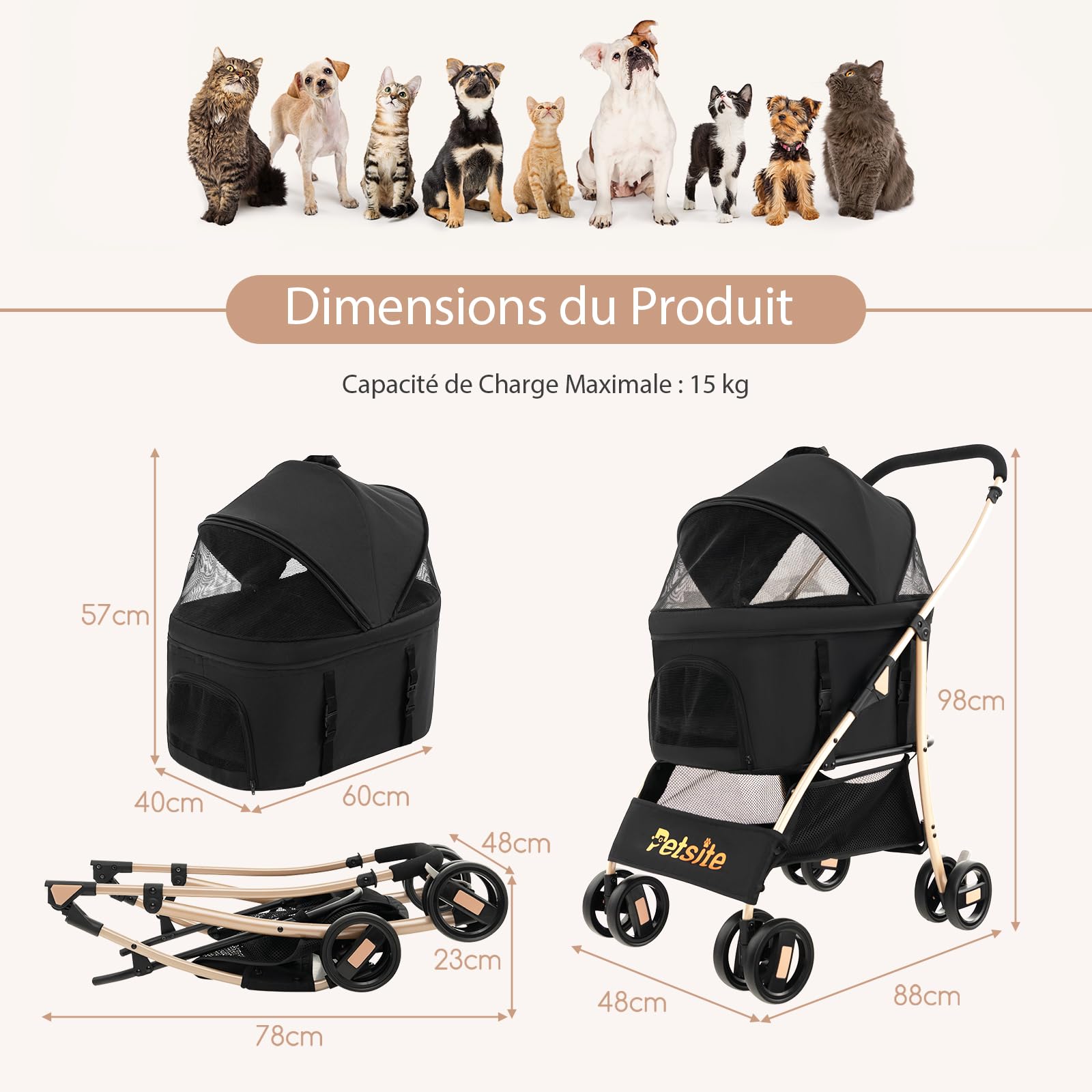 GOPLUS 3 en 1 Poussette pour Chien Chat, Poussette Pliable, Siège de Voiture Amovible, Auvent Réglable, Entrée en Maille Zippée, Panier de Rangement, pour Petits/Moyens Chiens Chats(Noir)