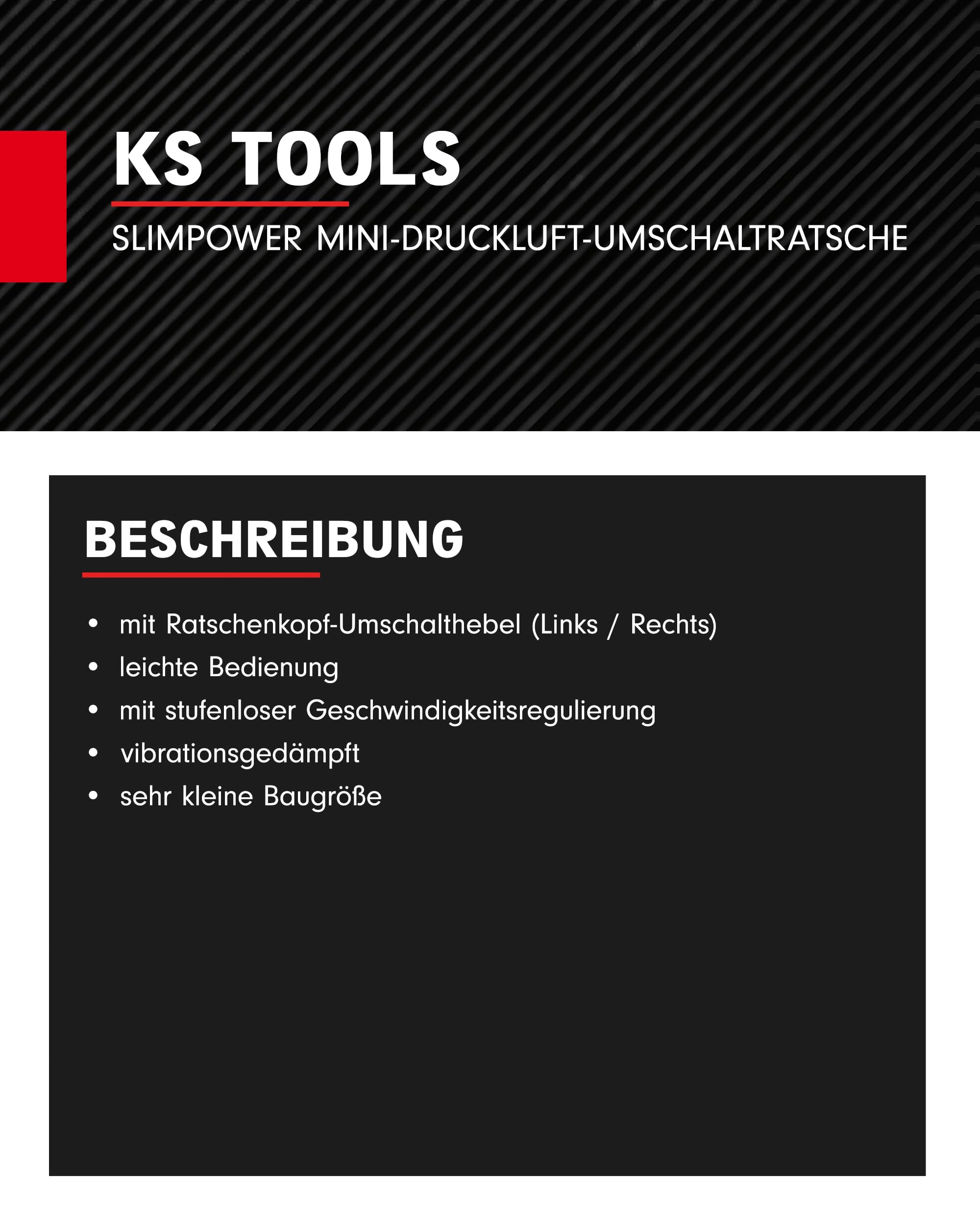 KS Tools Mini Druckluft Ratsche 1/4" SlimPOWER 515.5505 I Umschaltratsche mit Vierkantantrieb nach DIN 3120 / ISO 1174 mit Kugelarretierung I 3-fach Verzahnung I 30Nm