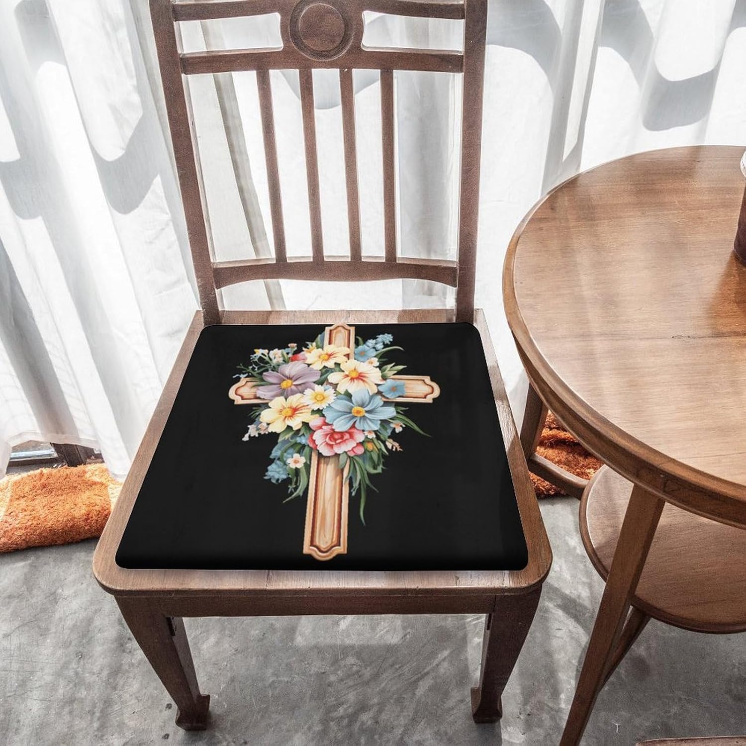 Christian Cross with Flowers Floor Pillow Meditation Yoga Cushion Square Chair Cushion Pillows Seating for Adults