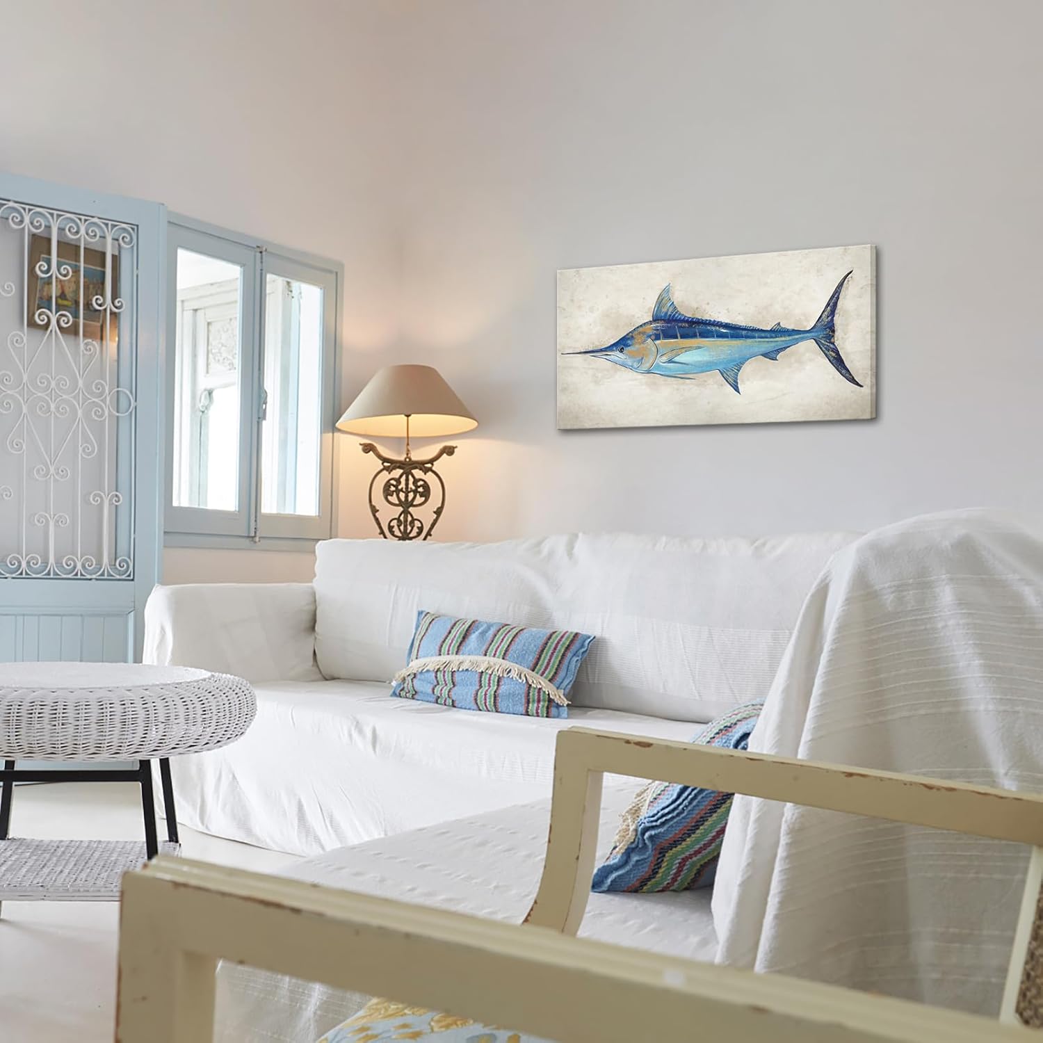 KREATIVE ARTS Vintage Marlin Fish Canvas Wall Art - Ocean and Beach Theme Nautical Coastal Animal Print, Blue and Gold Giclee Painting for Bathroom or Bedroom Décor 20x40