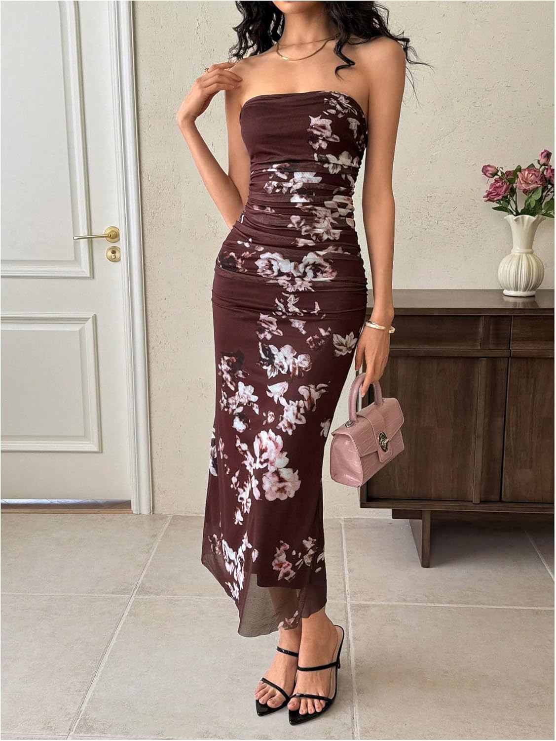 Milumia Women's Floral Ruched Strapless Dress Elegant Backless Bodycon Midi Tube Dresses - Image 2