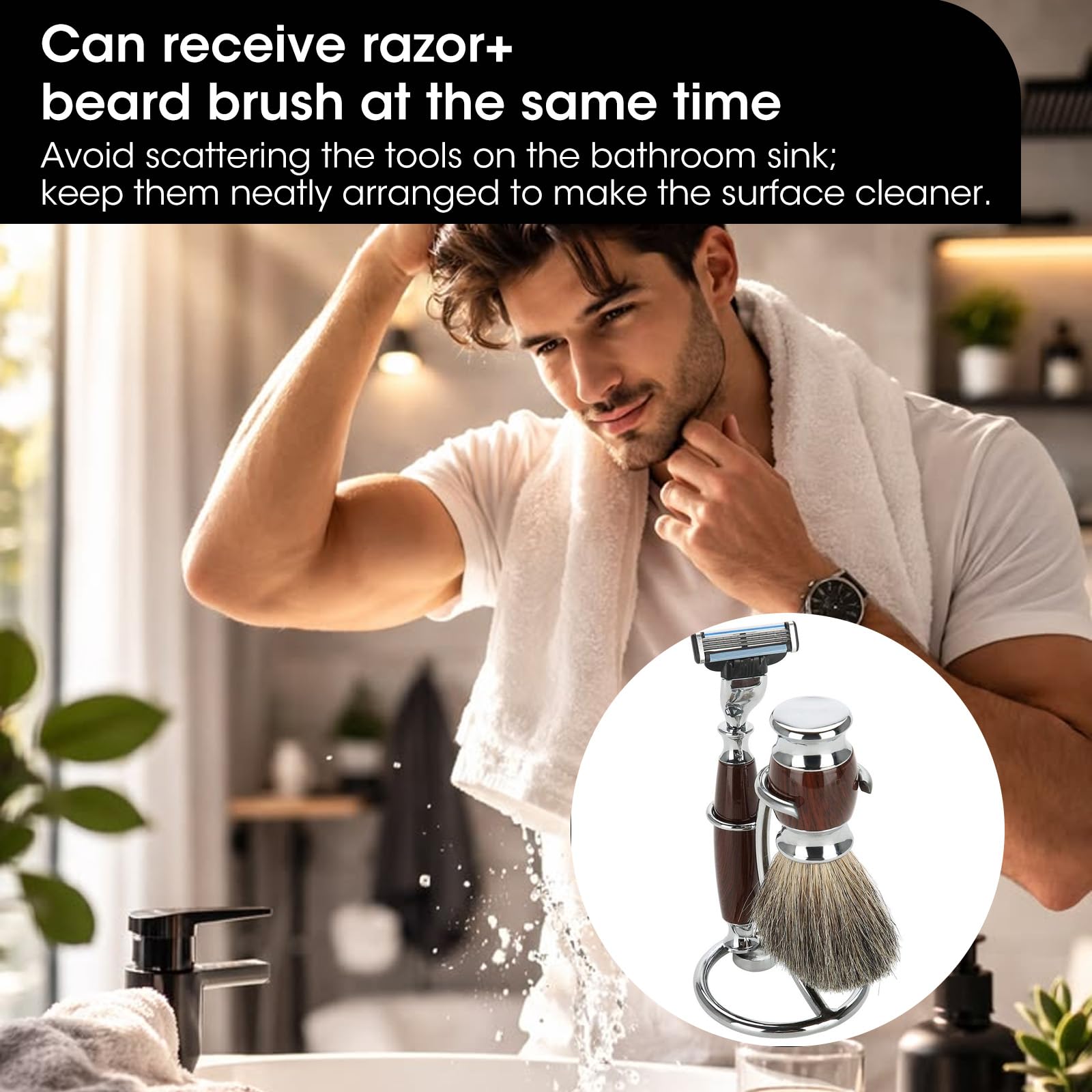 2 in 1 Supporto per Pennello da Rasoio In Acciaio Inox Portatile Supporto per Pennello da Barba Supporto per Rasoio e Pennello da Rasatura per Uomo Domestico e in Viaggio Argento