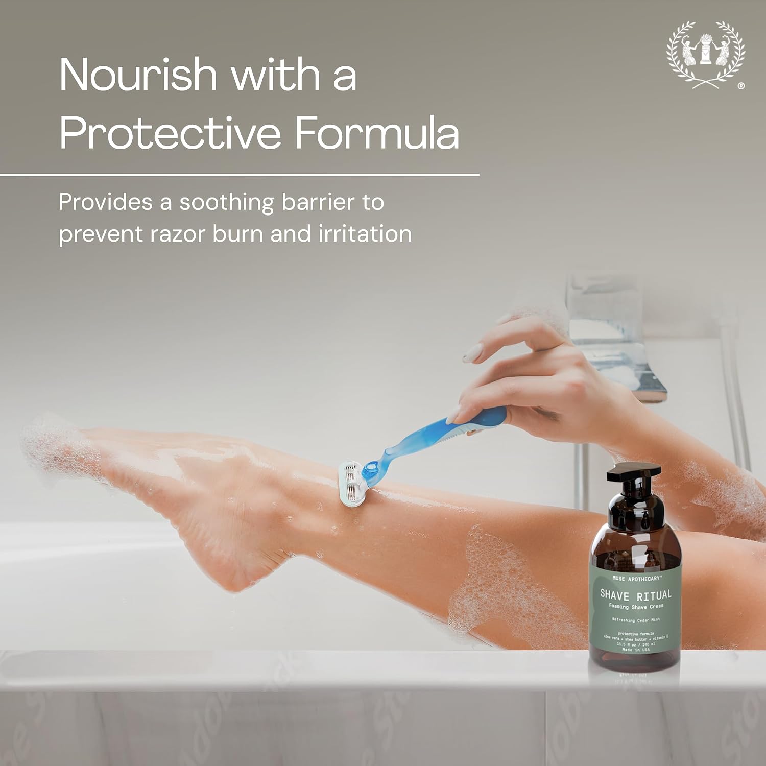 Muse Apothecary Foaming Shave Ritual - Natural Shaving Cream Sensitive Skin - Womens Shaving Cream Mens Shave Cream - Protective Formula Aloe Vera + Shea Butter + Vitamin E - Cedar Mint - 11.5oz