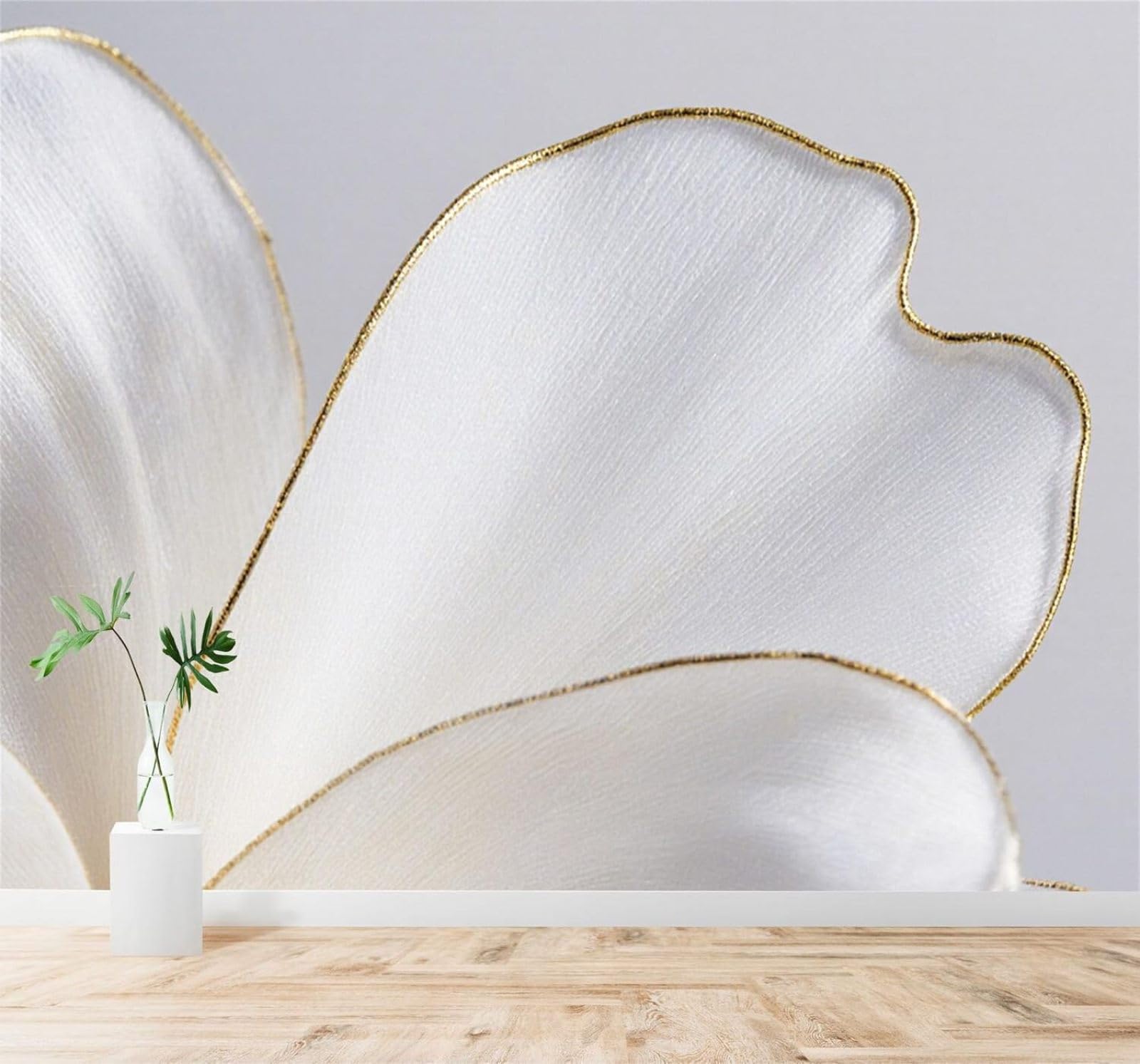 XLMING Elegant White Petals Gold Trim Minimalist Art 3D Wallpaper Premium Textured Silk Study Dining Living Room Bedroom Sofa TV Wall Easy Install-430cm×300cm