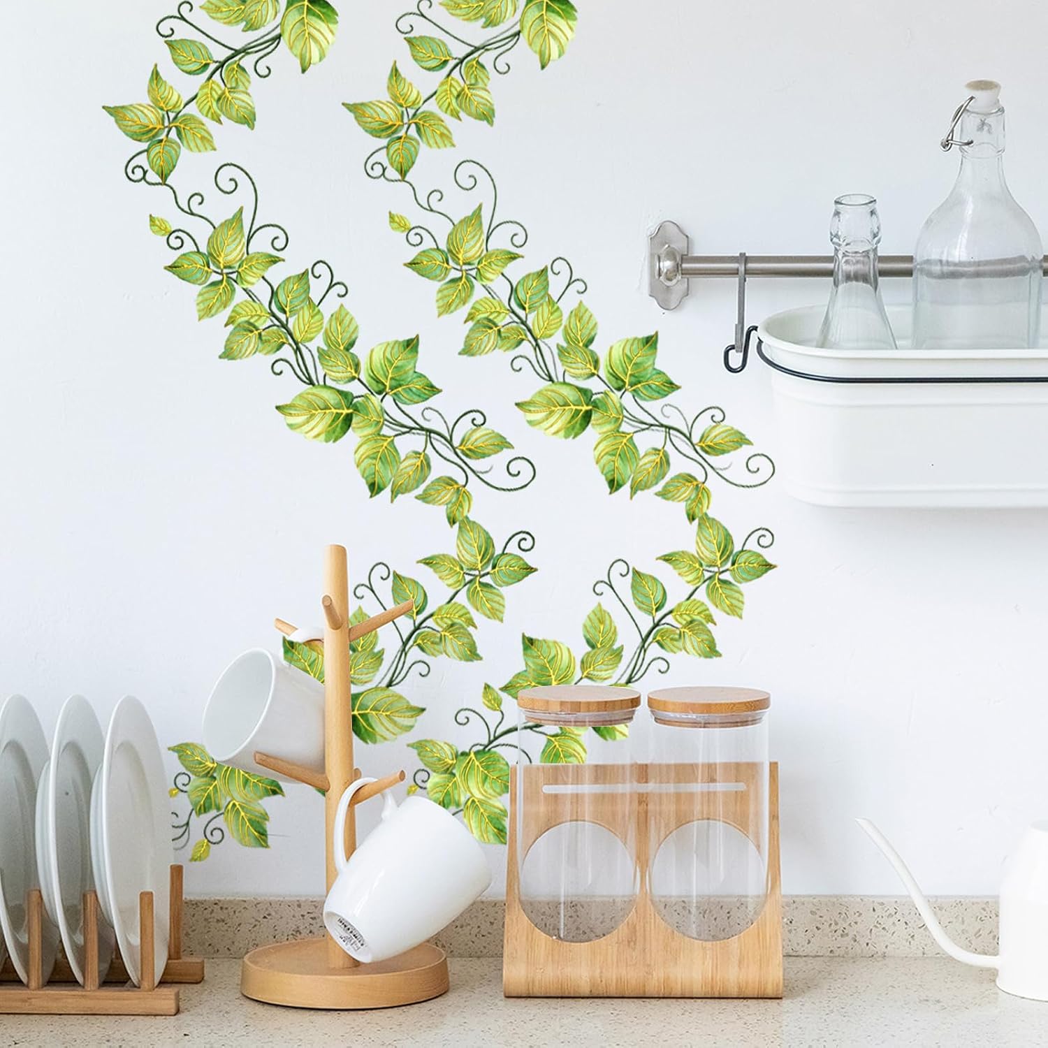 Ivy Vines Wall Stickers 6 Sheets Summer Green Plant Wall Decals for Home Kitchen Room Decor (Ivy Vine)