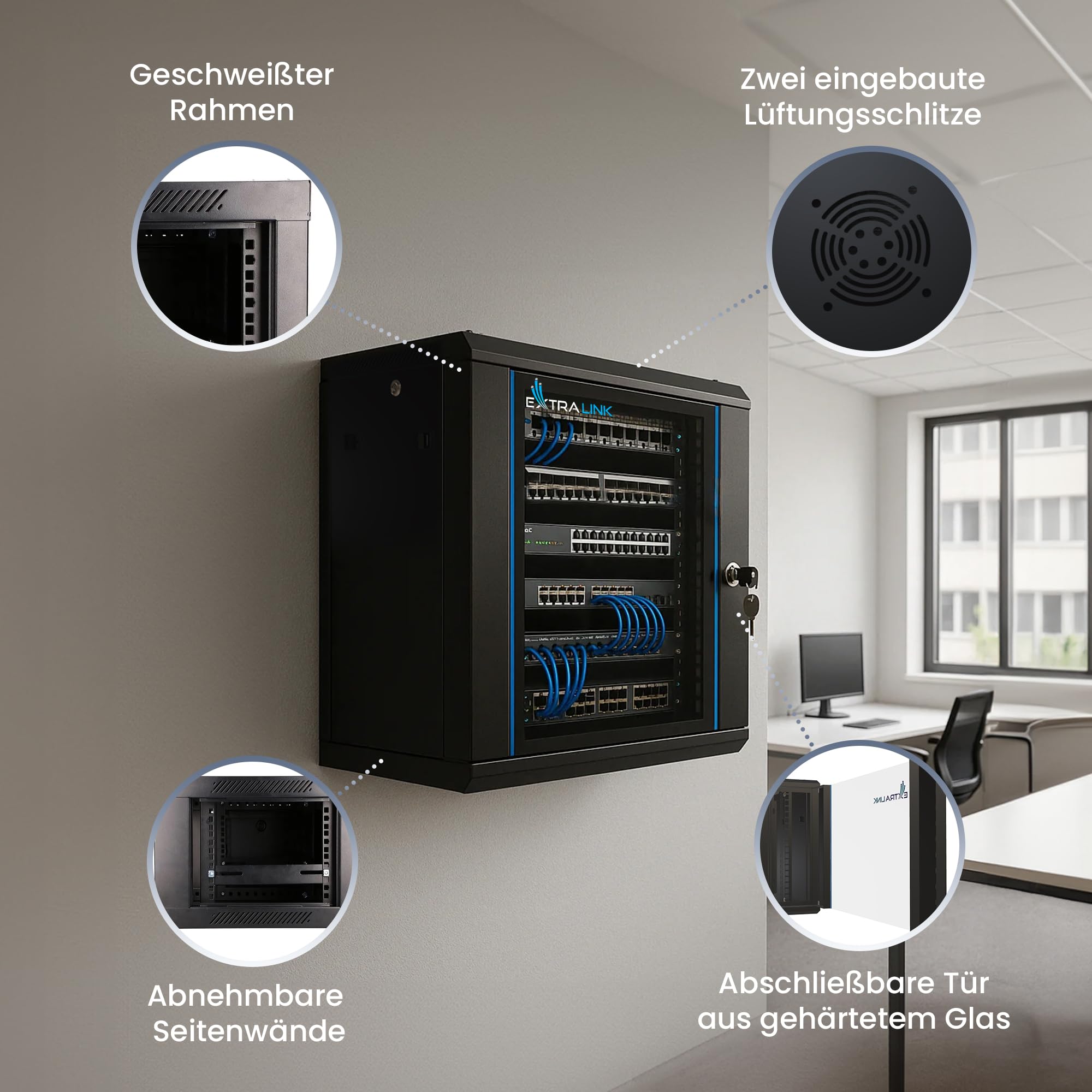 Extralink Serverschrank 19 Zoll 9HE – Netzwerkschrank 450mm Tiefe zur Wand- oder Standmontage, Traglast 60 kg, gehärtete Glastür, abschließbar 180° Öffnung, schwarz – für Heimnetzwerk & IT-Geräte