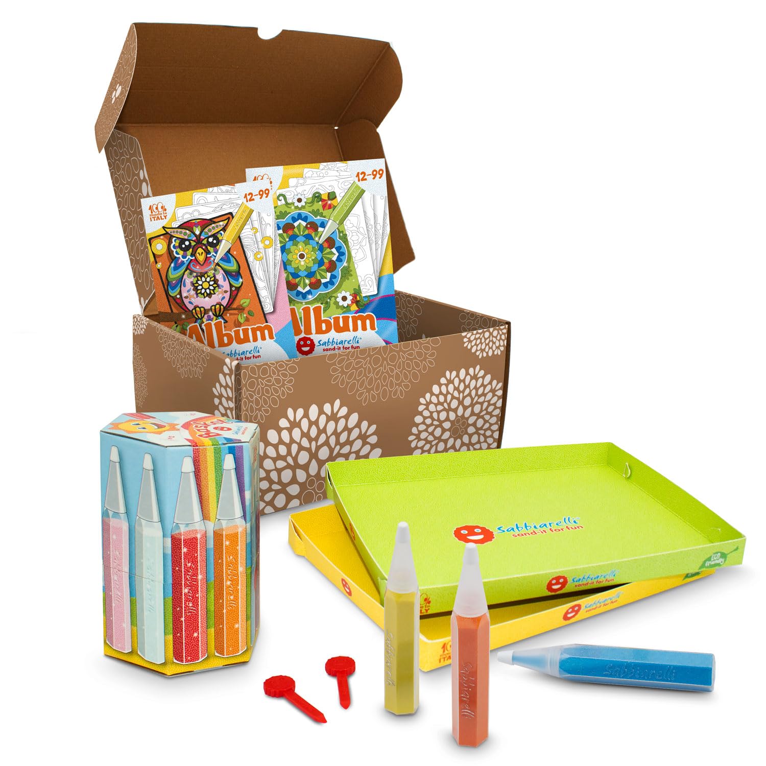 Sabbiarelli Sand-it For Fun - Box Sandsation Art, Set Creativo de Sand Art para Jóvenes y Adultos: 12 Bolígrafos de Arena de Colores y 10 Dibujos Adhesivos A5 de Mandalas, Hobby Creativo, Regalo
