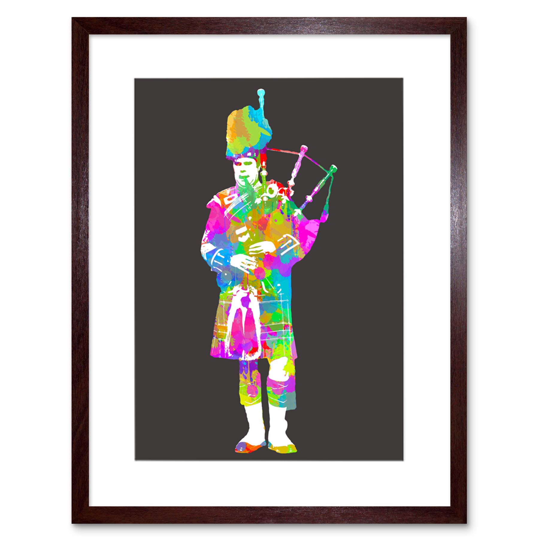 Wee Blue Coo Painting Colourful Pattern Piper Scotland Bagpipes Framed Wall Art Print