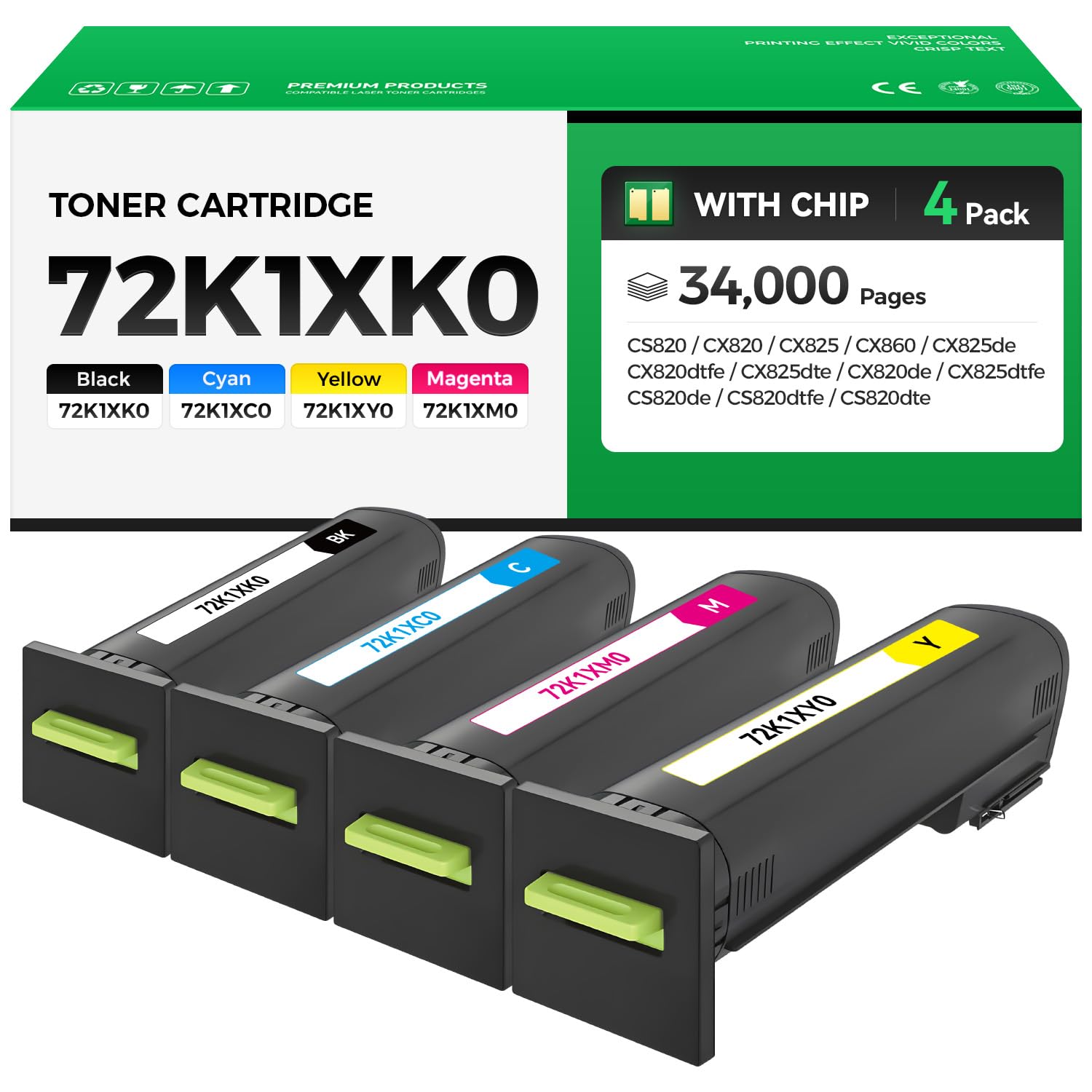 72K1XK0 Toner Cartridge Set Use for Lexmark CS820 CX820 CX825 CX860 Printer
