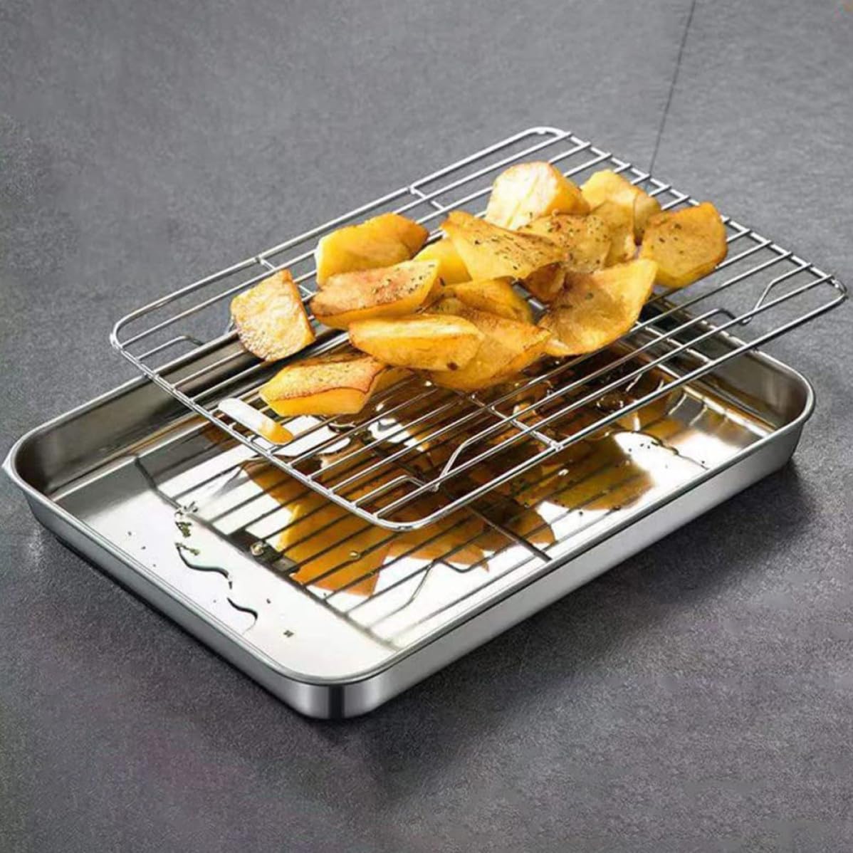 Edelstahl Backblech Satz mit Kühlgitter Multifunktionales Backzubehör für Backofen und Camping Praktisches 1 Satz zum Backen und Kühlen von Gebäck Zufälliger Stil
