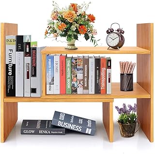 Bamboo Desk Storage Organizer, Desktop Display Shelf Rack, Multipurpose Bookshelf for Office & Home, Expandable Desktop Stand Bookshelf, Office Storage Rack - Free Style Displa Natural Stand Shelf
