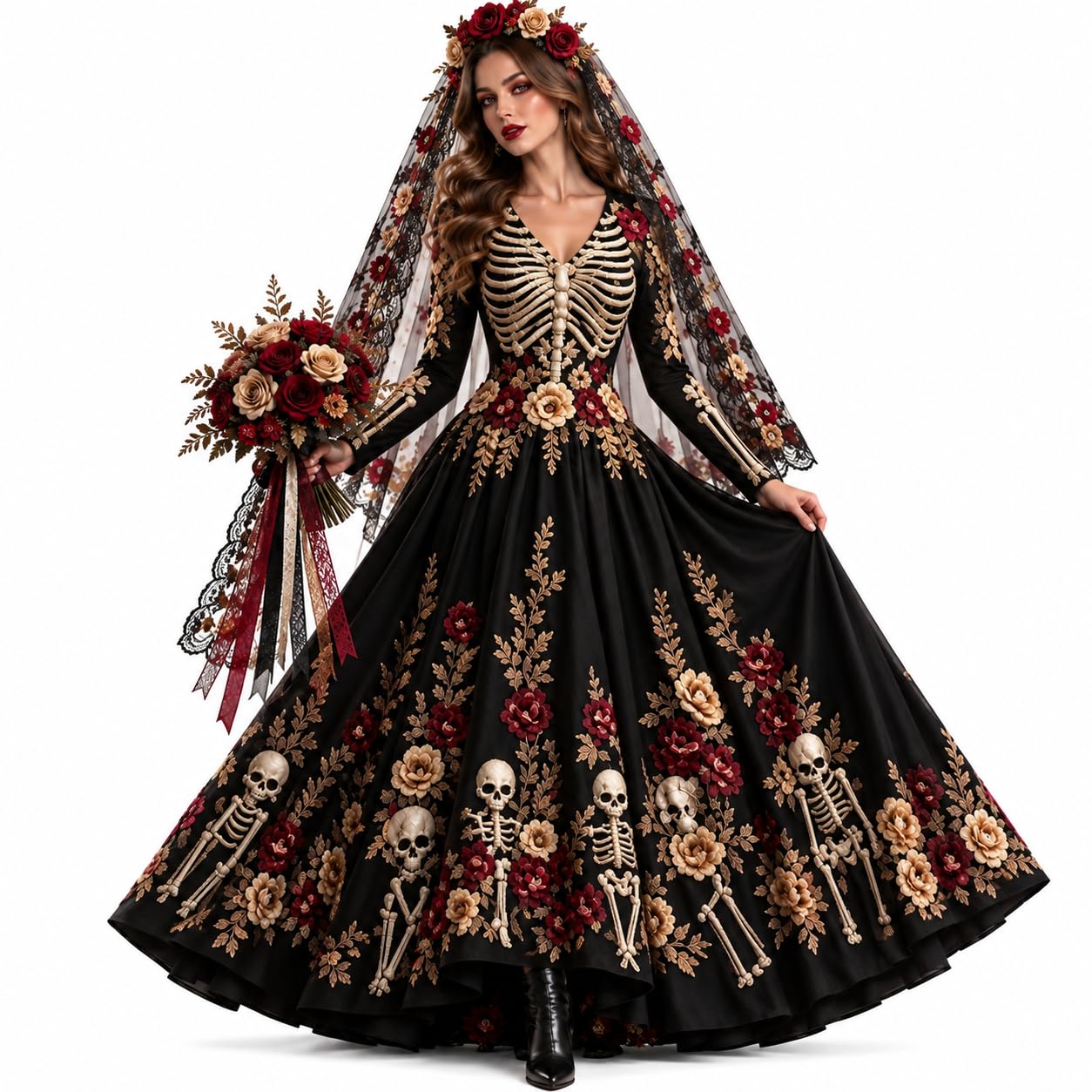 Skeleton Dress Long Sleeve V Neck Maxi Halloween Dresses N Spooky Skull Rose Gothic Festival Party Outfit Plus Size Halloween Costumes for Women