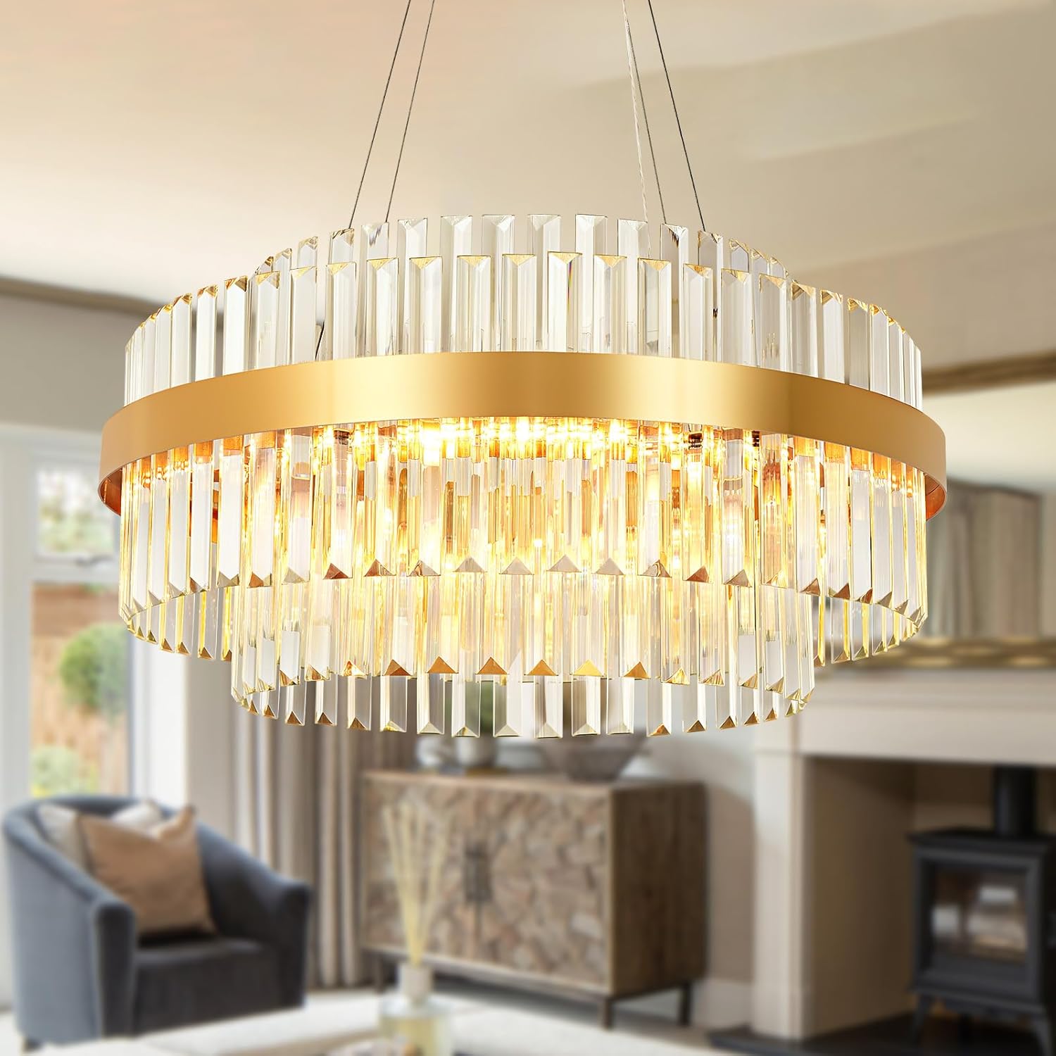 Modern Crystal Chandelier Gold, LED 3-Color Change Pendant Lights Fixture, Round Crystal Hanging Lamp for Living Room, Dining Room, Bedroom, Kitchen Island, Rest Room, 24 inch ?24 inch