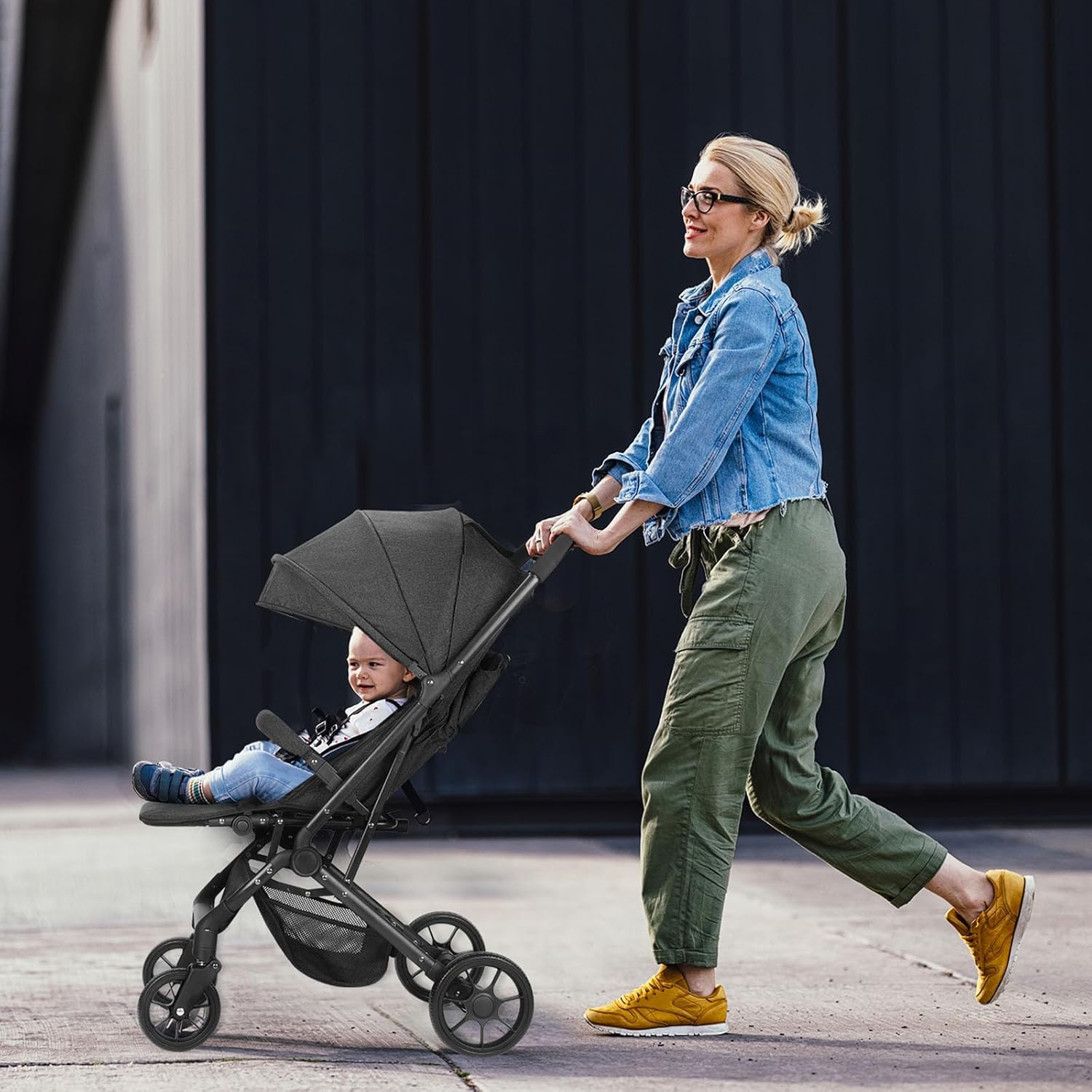 Lightweight Travel Stroller, Compact & Airplane-Friendly for Baby and Toddler, Lie-Flat Seat, One-Hand Fold, Shoulder Strap, Extendable Canopy, Storage Basket, 4 Wheel Suspension (Black)