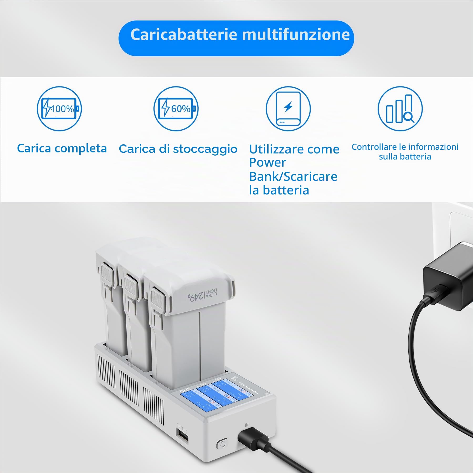 Caricabatteria per DJI Mini 5 4/3 Pro,Mini 3 Drone, Caricatore con Display LCD, Stazione di Ricarica Carica Batteria Accessori