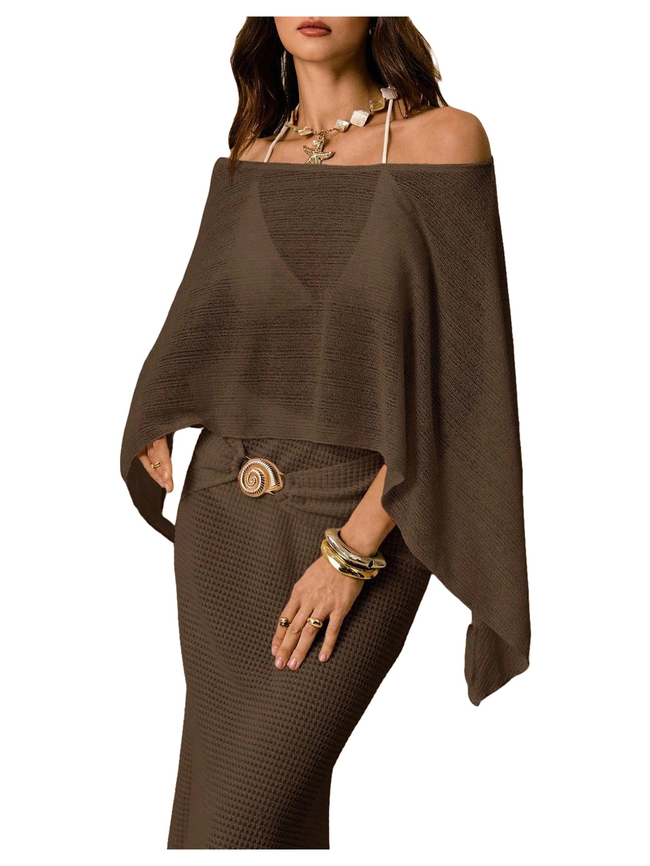 GORGLITTER Womens Sheer Bathing Suit Bikini Swim Cover Up Tops Boho Swimsuit Coverup Off The Shoulder Poncho Shawl