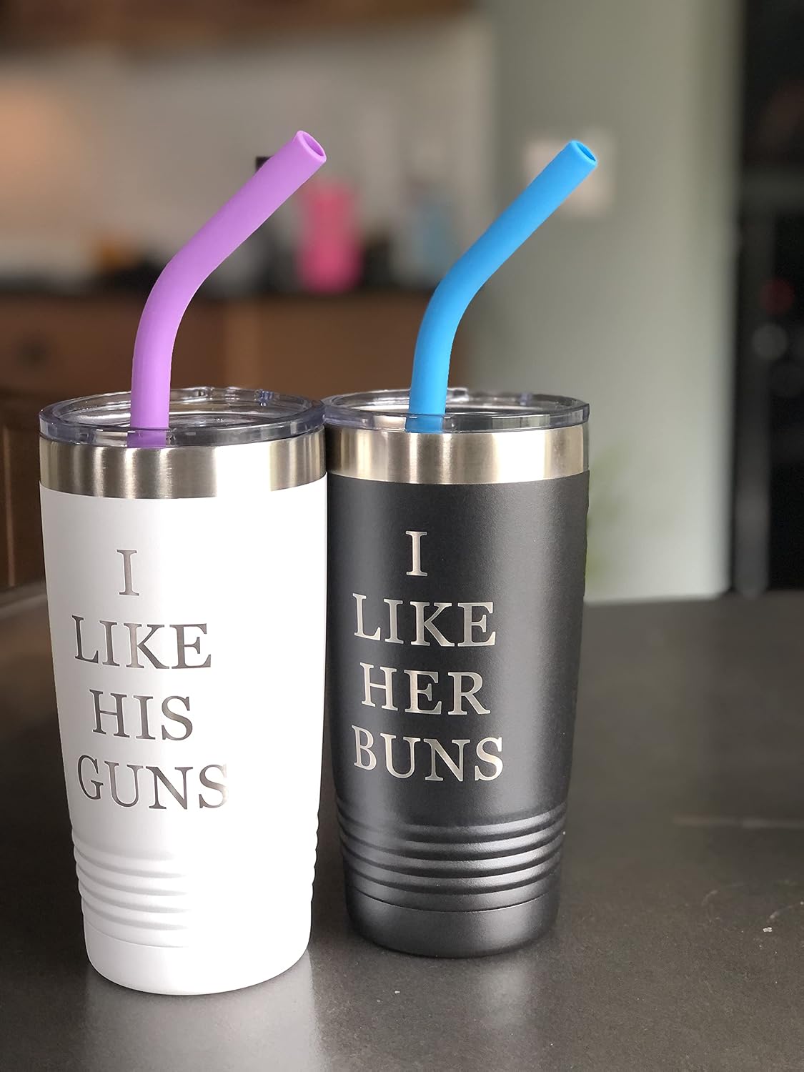 I Like Her, I Like His - Stainless Steel Tumbler Set with Silicone Straws and Lids Wedding Engagement Gifts for Husband, Wife, Bride, Groom, Anniversary, Black and White (20 ounce set)