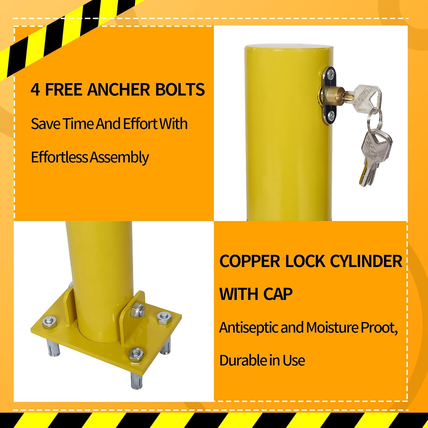2 Packs Safety Bollard - Foldable Parking Bollard Pole Barrier with 4 Free Ancher Bolts & Lock | Yellow Steel Safety Bollard Post for Driveways, Parking Lots, Store Entrances and Sensitive Areas