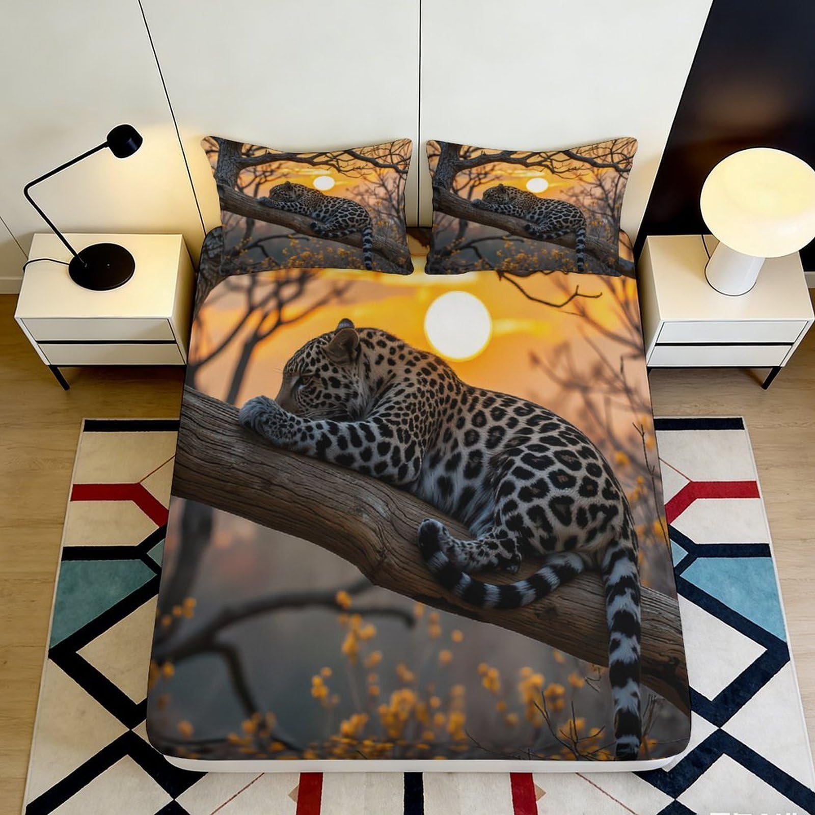 3D Printed Leopard Sunset Fitted Sheet Microfiber Soft Breathable Tree Branch Bed Cover for Bedroom Dormitory Guest Room Mattress Protection 120x200x25cm